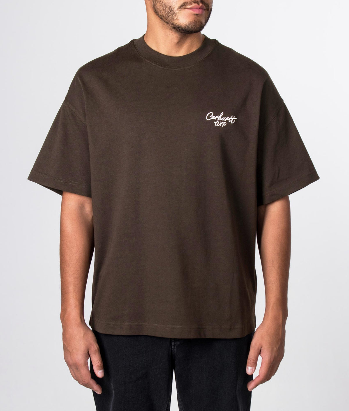 Carhartt WIP Boxy Loose Fit Signature Script T-Shirt in Tobacco and Natural at EQVVS Menswear. Model front shot.