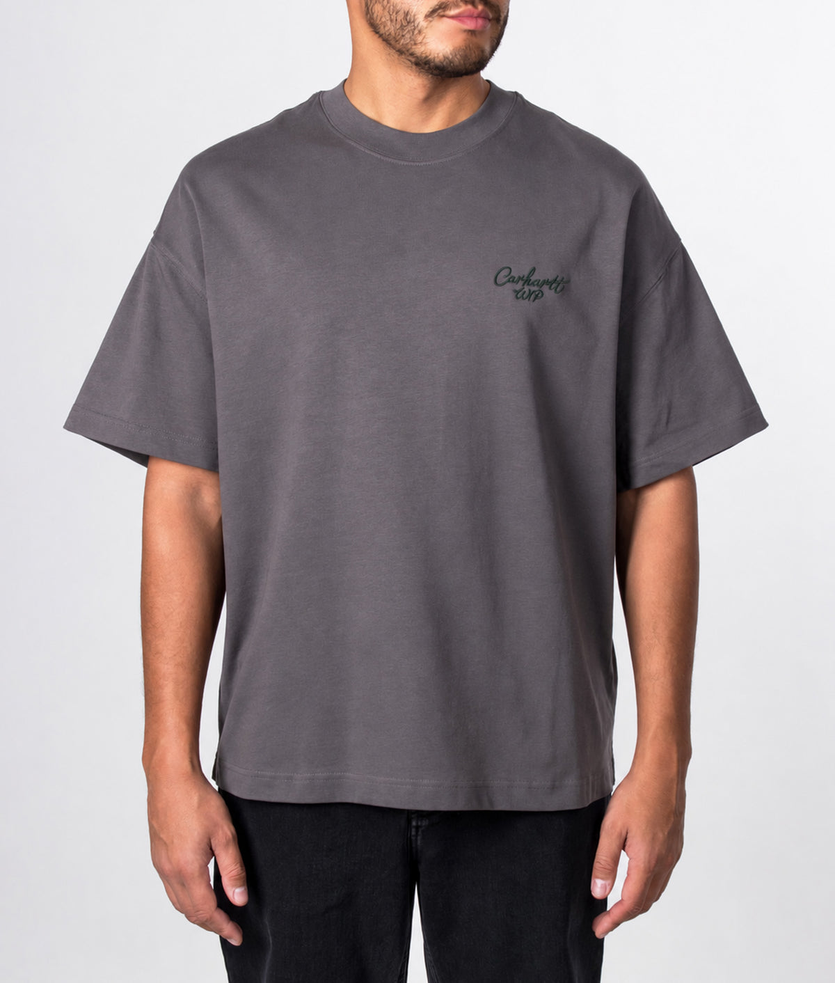 Carhartt WIP Boxy Loose Fit Signature Script T-Shirt in Graphite and Dark Scarab at EQVVS Menswear. Model front shot.