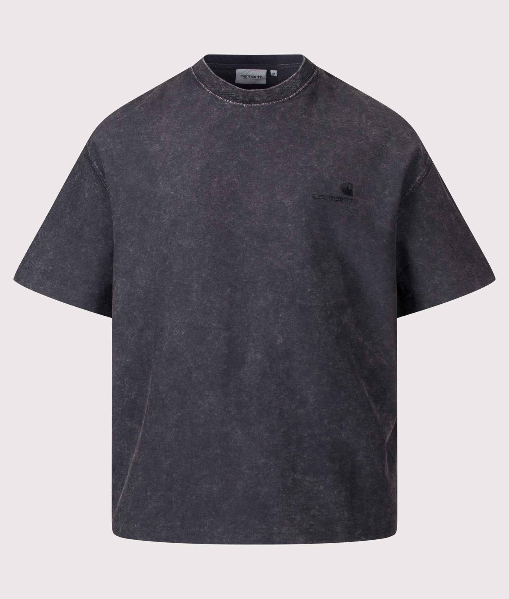 Carhartt WIP Boxy Loose Fit Lambert T-Shirt in Black Moon Wash at EQVVS Menswear. Front shot.