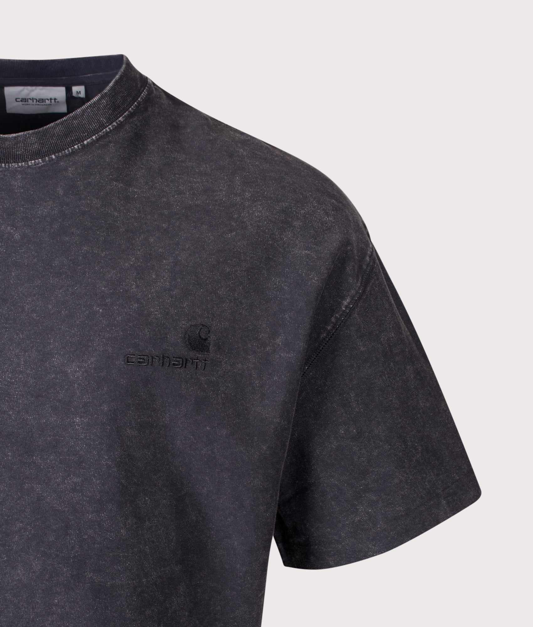 Carhartt WIP Boxy Loose Fit Lambert T-Shirt in Black Moon Wash at EQVVS Menswear. Detail shot.