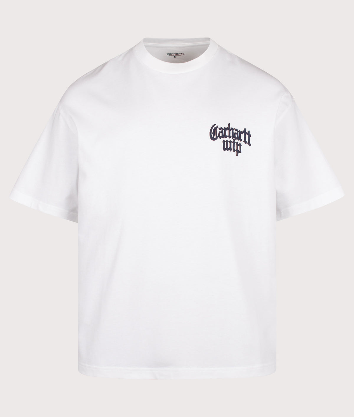 Carhartt WIP Oversized Fit Blackletter T-Shirt in White at EQVVS Menswear. Front shot.