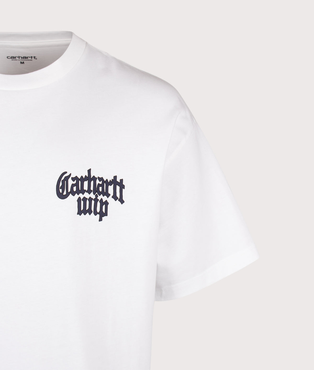 Carhartt WIP Oversized Fit Blackletter T-Shirt in White at EQVVS Menswear. Detail shot.