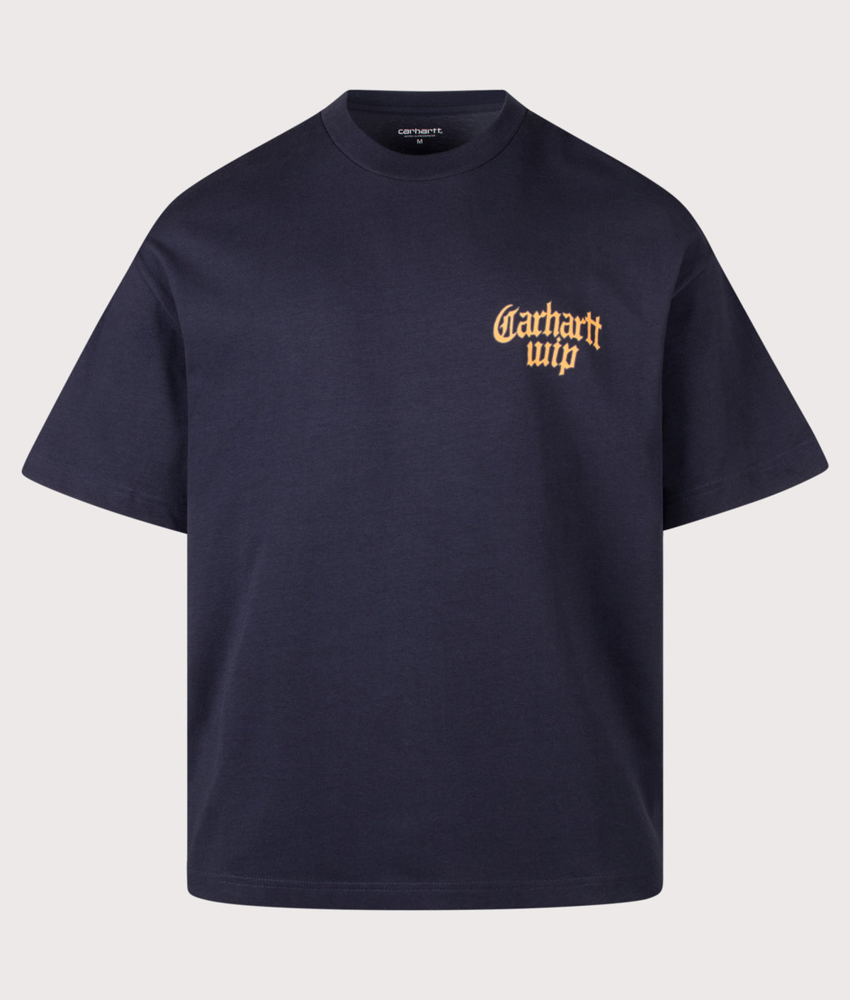 Carhartt WIP Oversized Fit Blackletter T-Shirt in Dark Navy at EQVVS Menswear. Front shot.