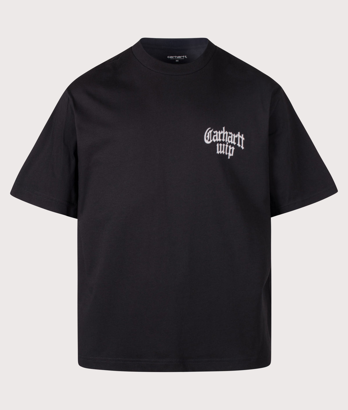 Carhartt WIP Oversized Fit Blackletter T-Shirt in Black at EQVVS Menswear. Front shot.