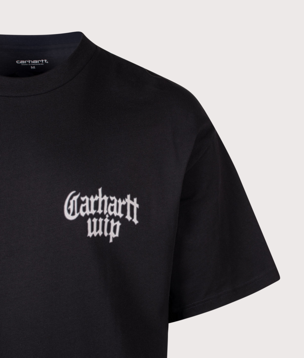 Carhartt WIP Oversized Fit Blackletter T-Shirt in Black at EQVVS Menswear. Detail shot.