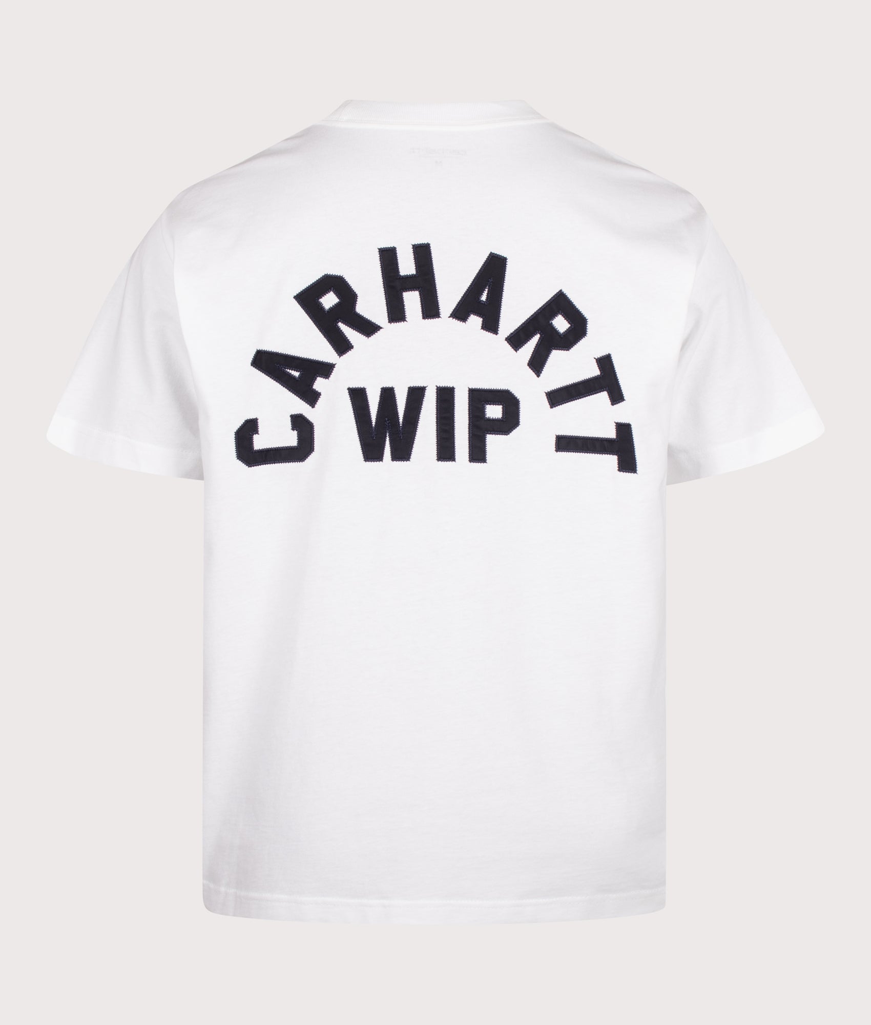Carhartt WIP Loose Fit Arch Script T-Shirt in White and Dark Navy at EQVVS Menswear. Back shot.