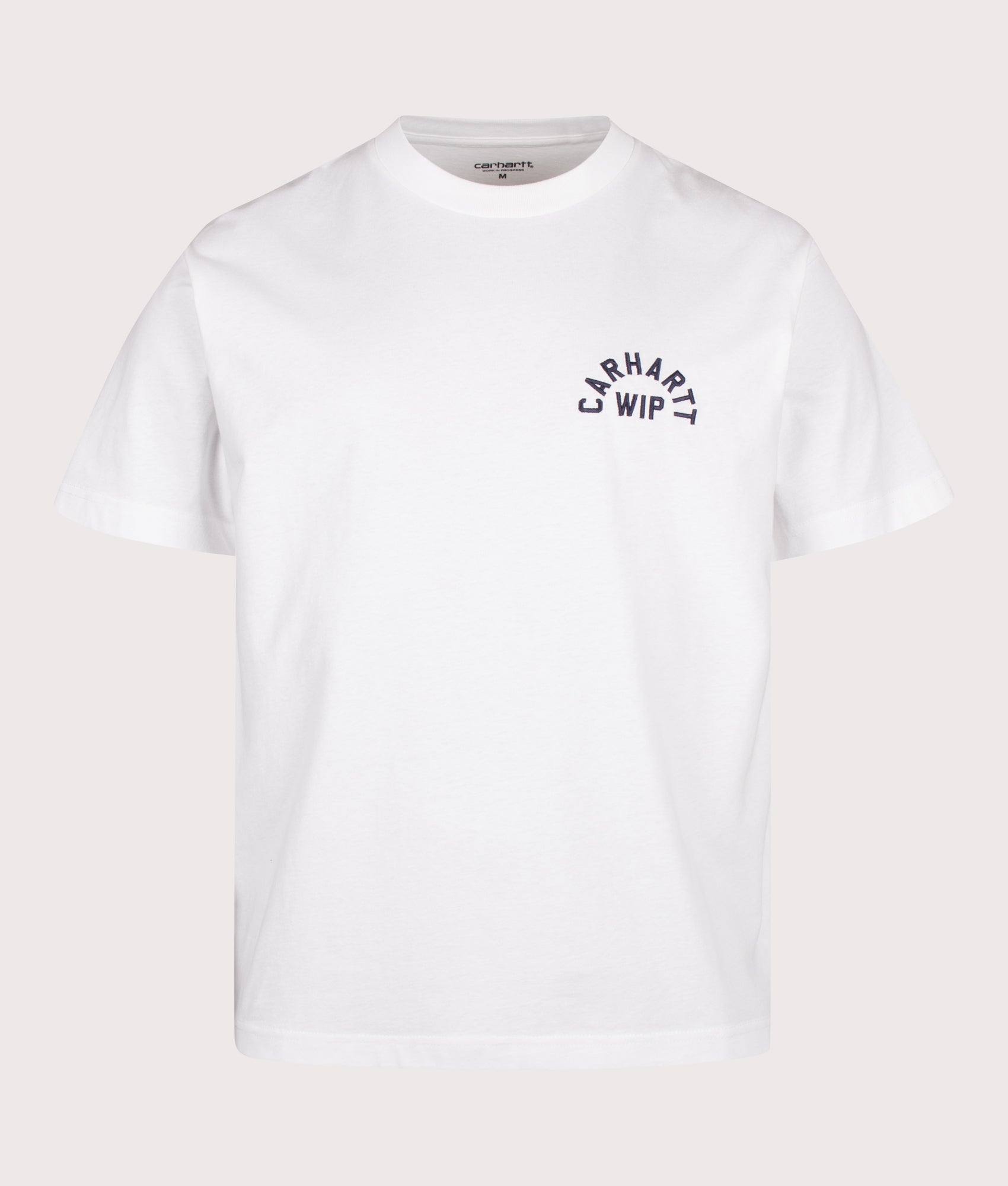 Carhartt WIP Loose Fit Arch Script T-Shirt in White and Dark Navy at EQVVS Menswear. Front shot.