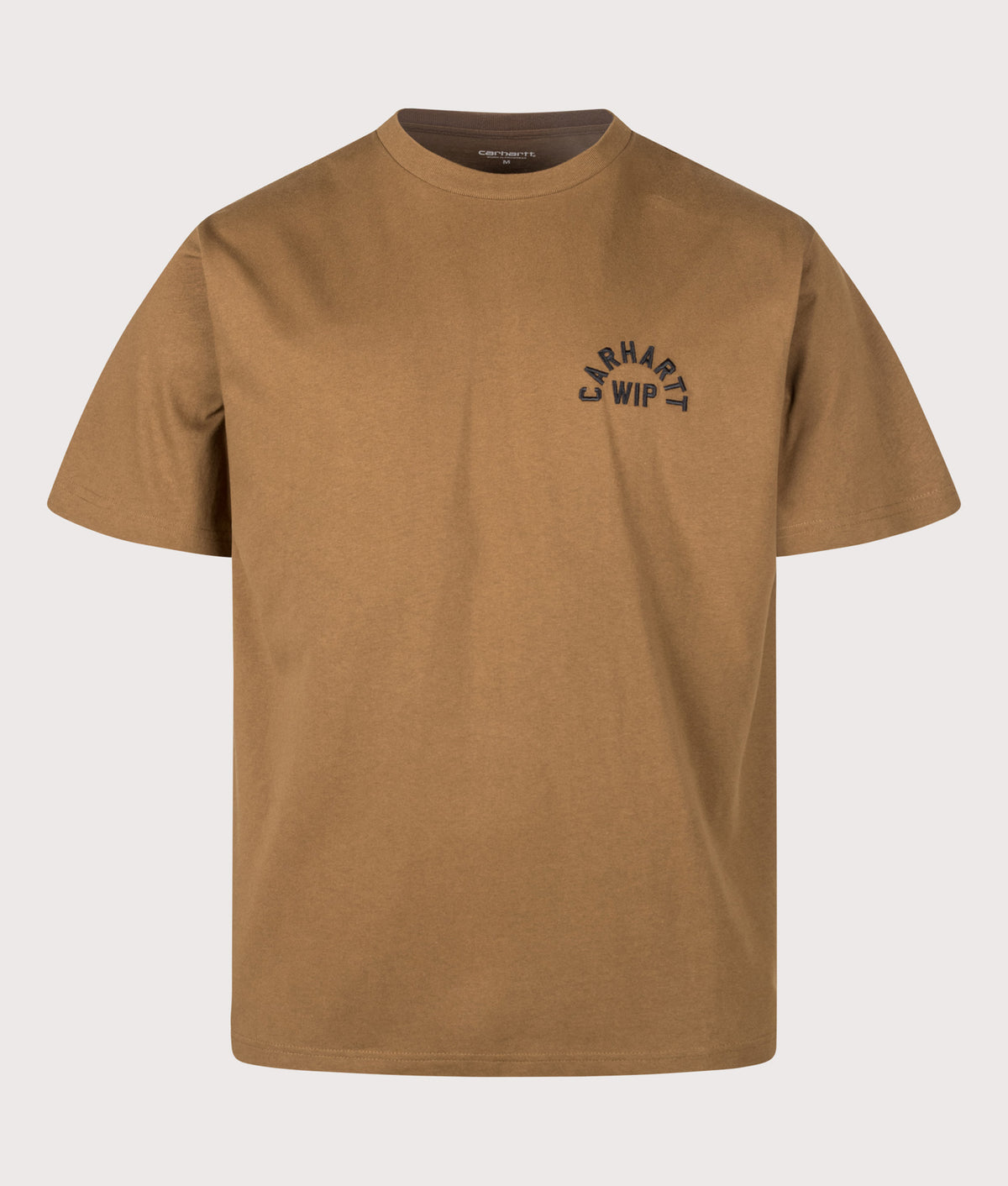 Carhartt WIP Loose Fit Arch Script T-Shirt in WIP H Brown and Black at EQVVS Menswear. Front shont.