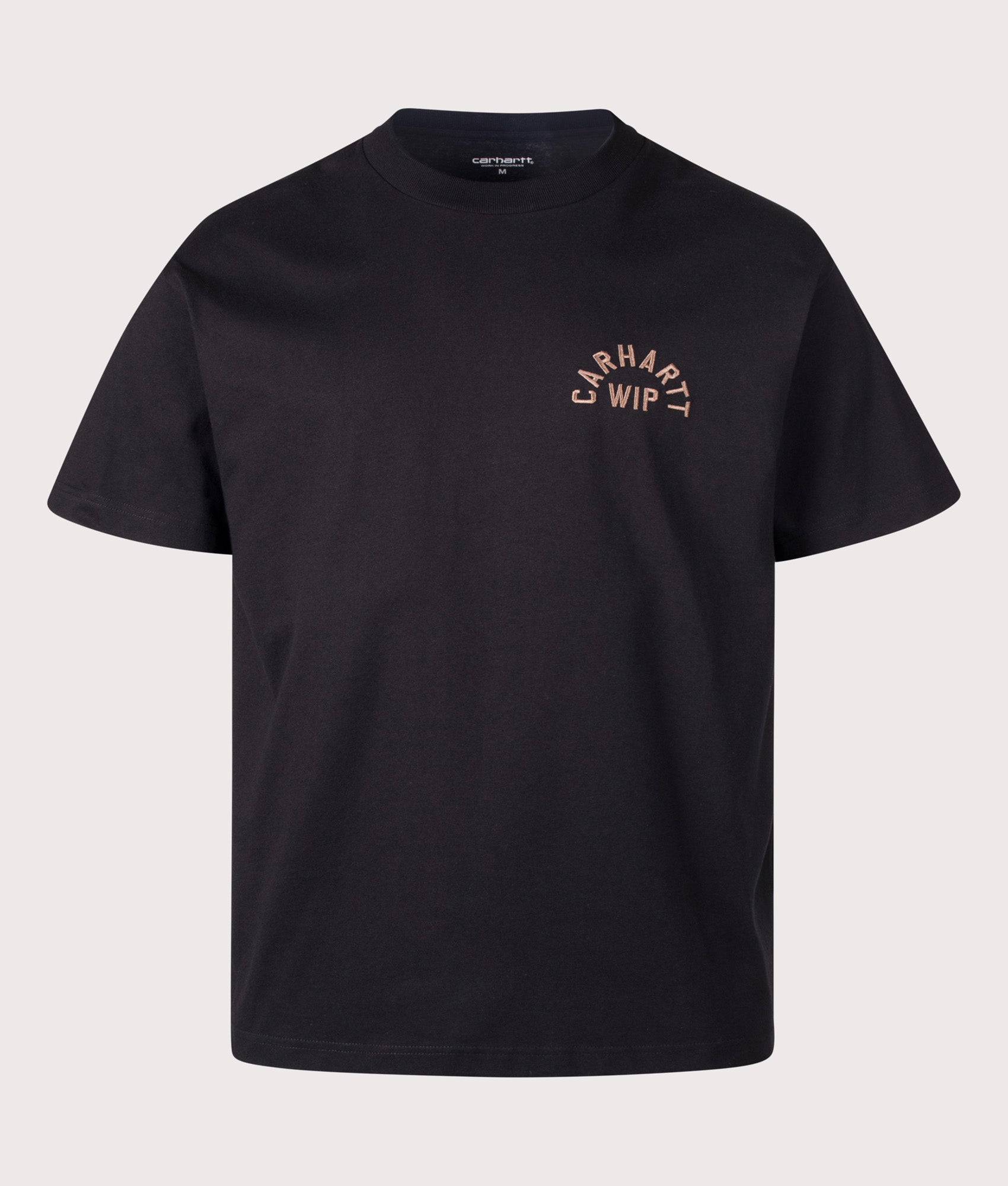 Carhartt WIP Loose Fit Arch Script T-Shirt in Black and WIP H Brown at EQVVS Menswear. Front shot.