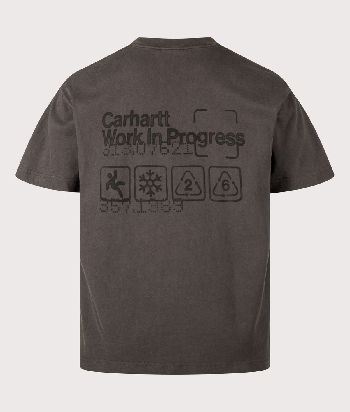 Carhartt WIP Loose Fit Boxed T-Shirt in Soot at EQVVS Menswear. Back shot.