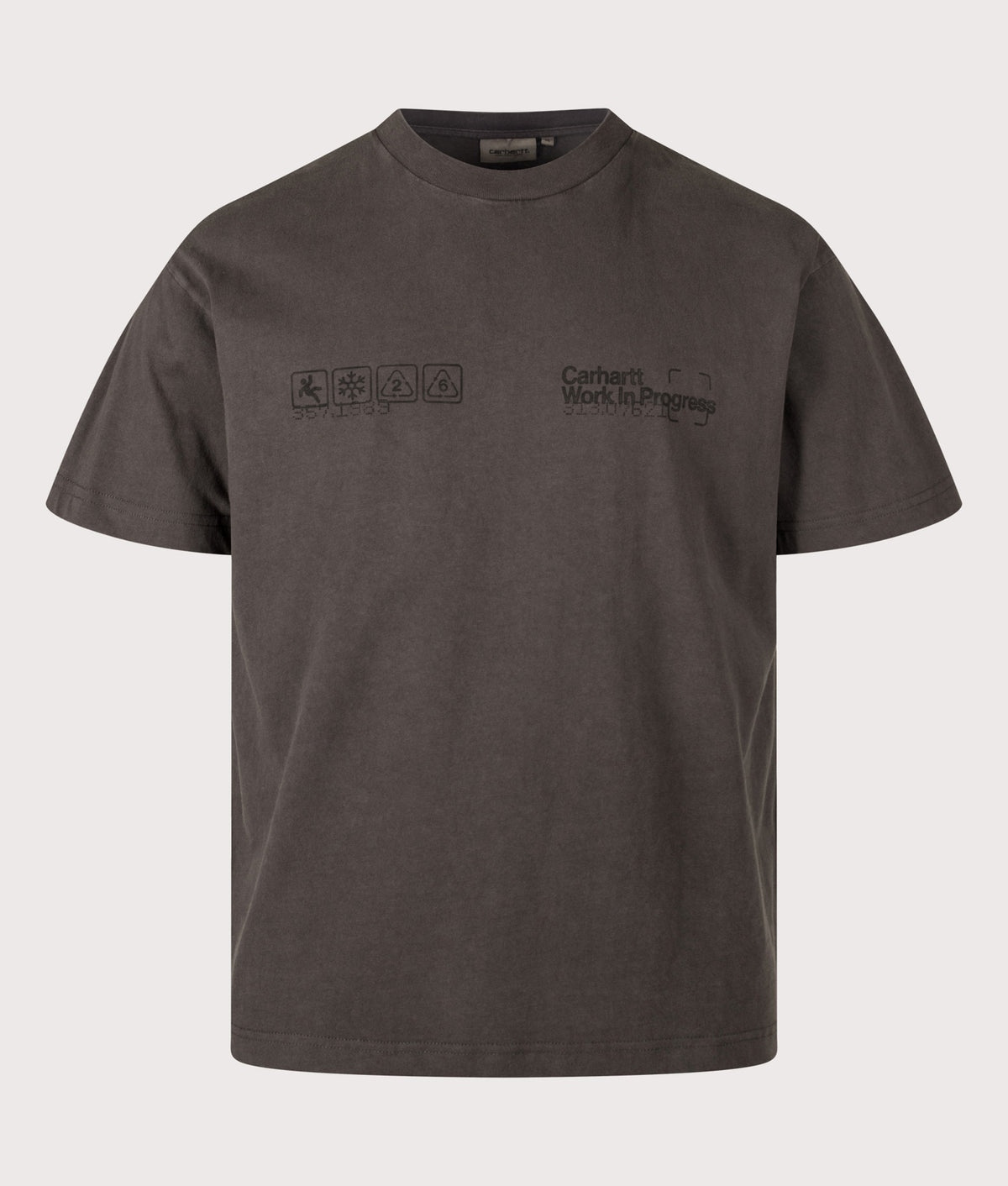 Carhartt WIP Loose Fit Boxed T-Shirt in Soot at EQVVS Menswear. Front shot.