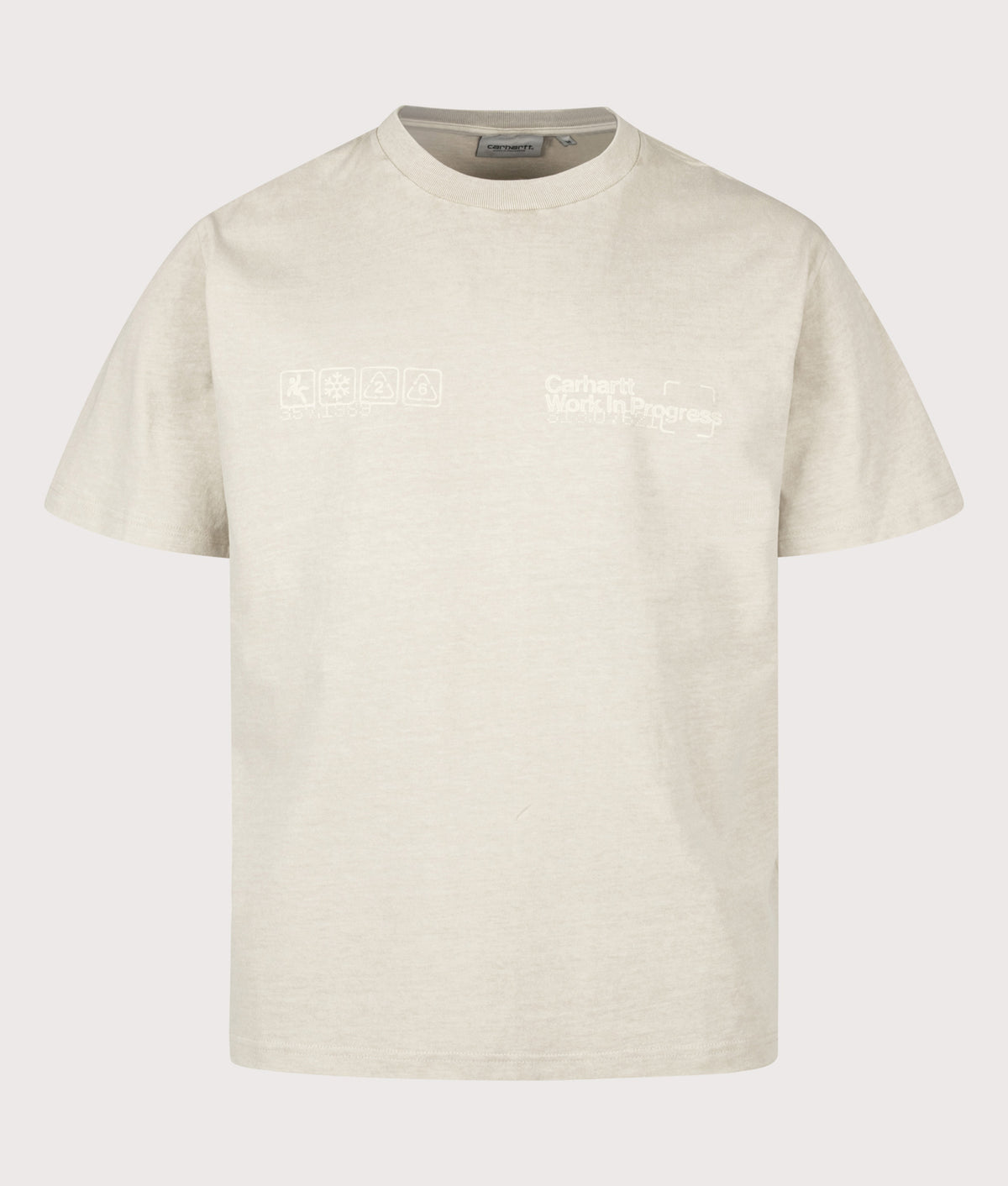 Carhartt WIP Loose Fit Boxed T-Shirt in Fleur De Sel at EQVVS Menswear. Front shot.
