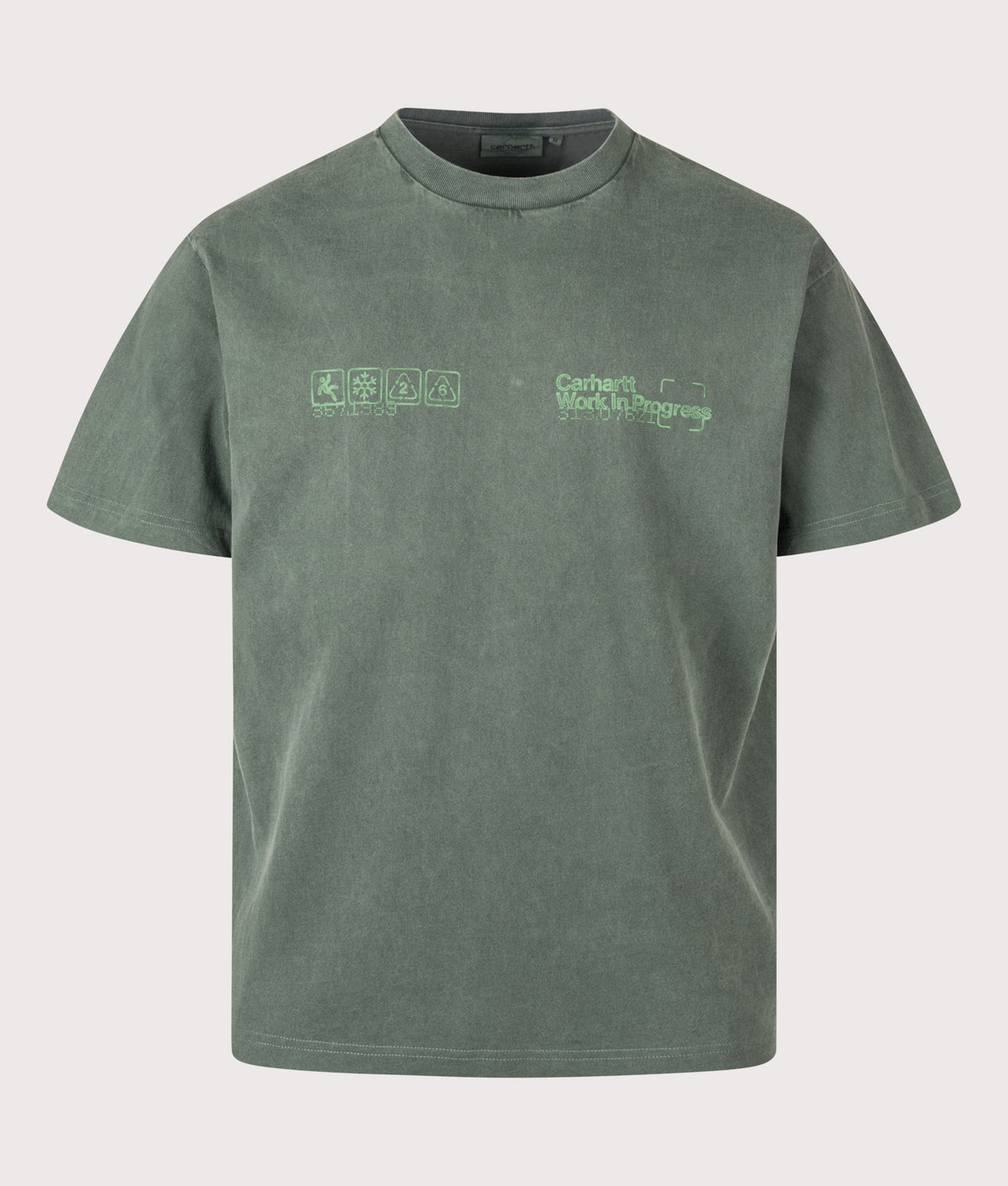 Carhartt WIP Loose Fit Boxed T-Shirt in Dark Scarab at EQVVS Menswear. Front shot.