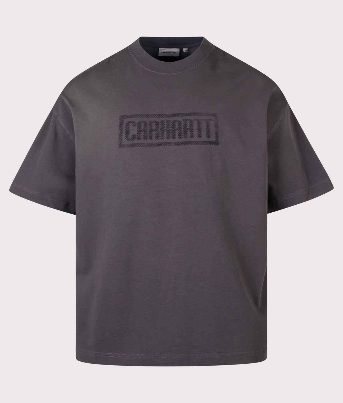 Carhartt WIP Boxy Loose Fit Bricky Man T-Shirt in Stone Dyed Soot at EQVVS Menswear. Front shot.