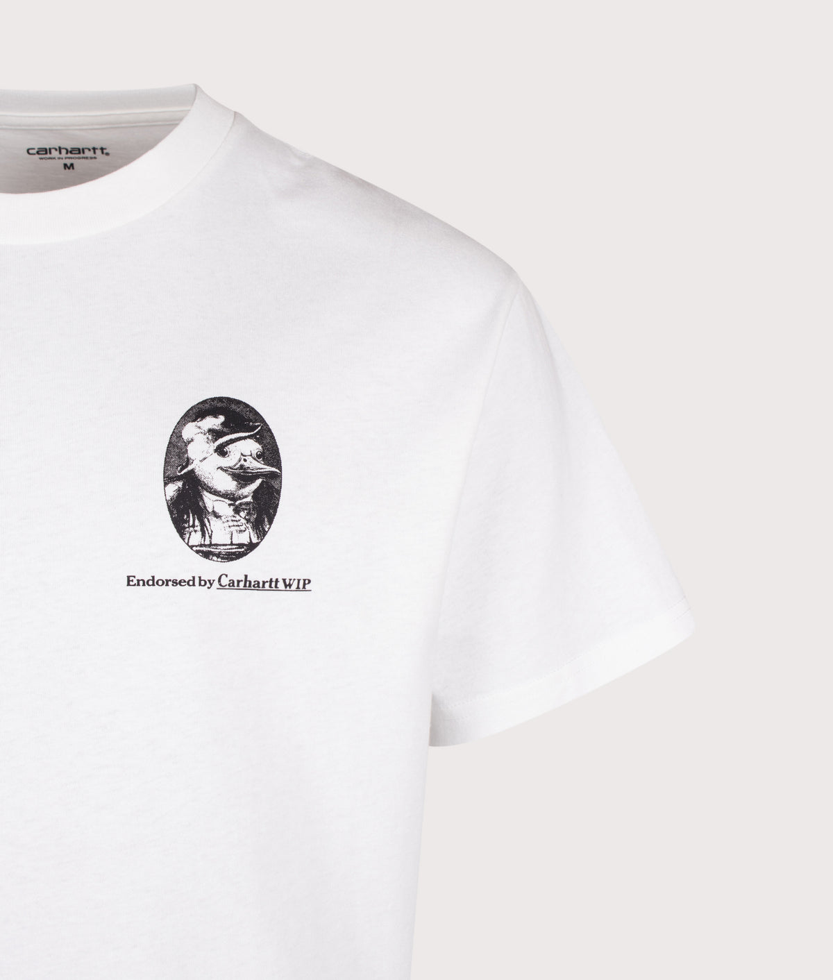 Carhartt WIP Loose Fit Vote T-Shirt in White at EQVVS Menswear. Detail shot.