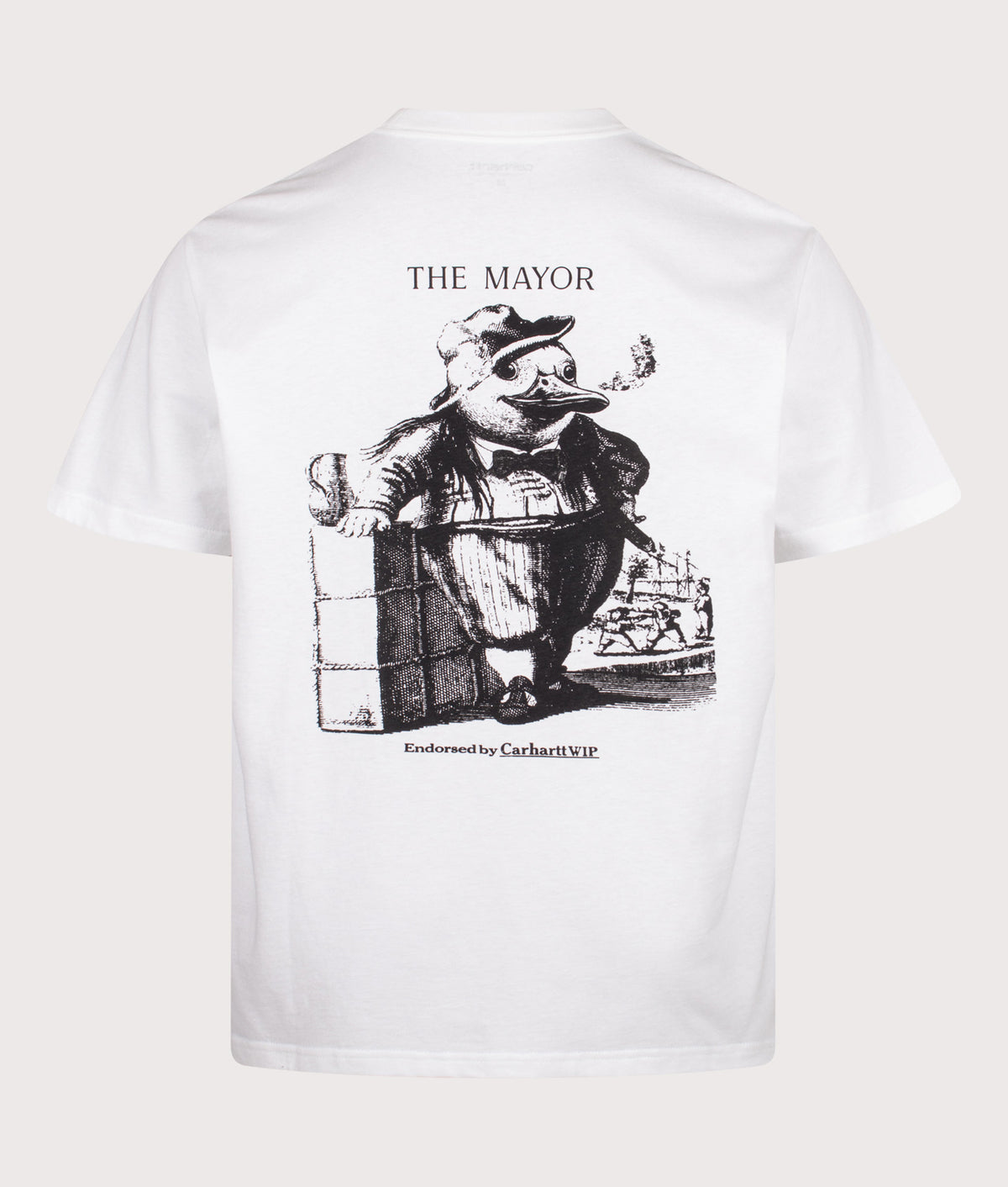 Carhartt WIP Loose Fit Vote T-Shirt in White at EQVVS Menswear. Back shot.