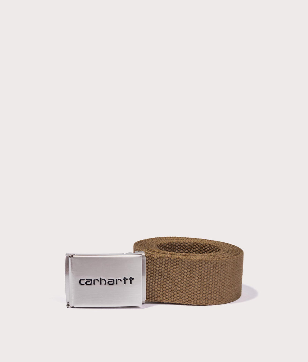Carhartt WIP Chrome Clip Belt in WIP H Brown at EQVVS Menswear. Buckle shot.