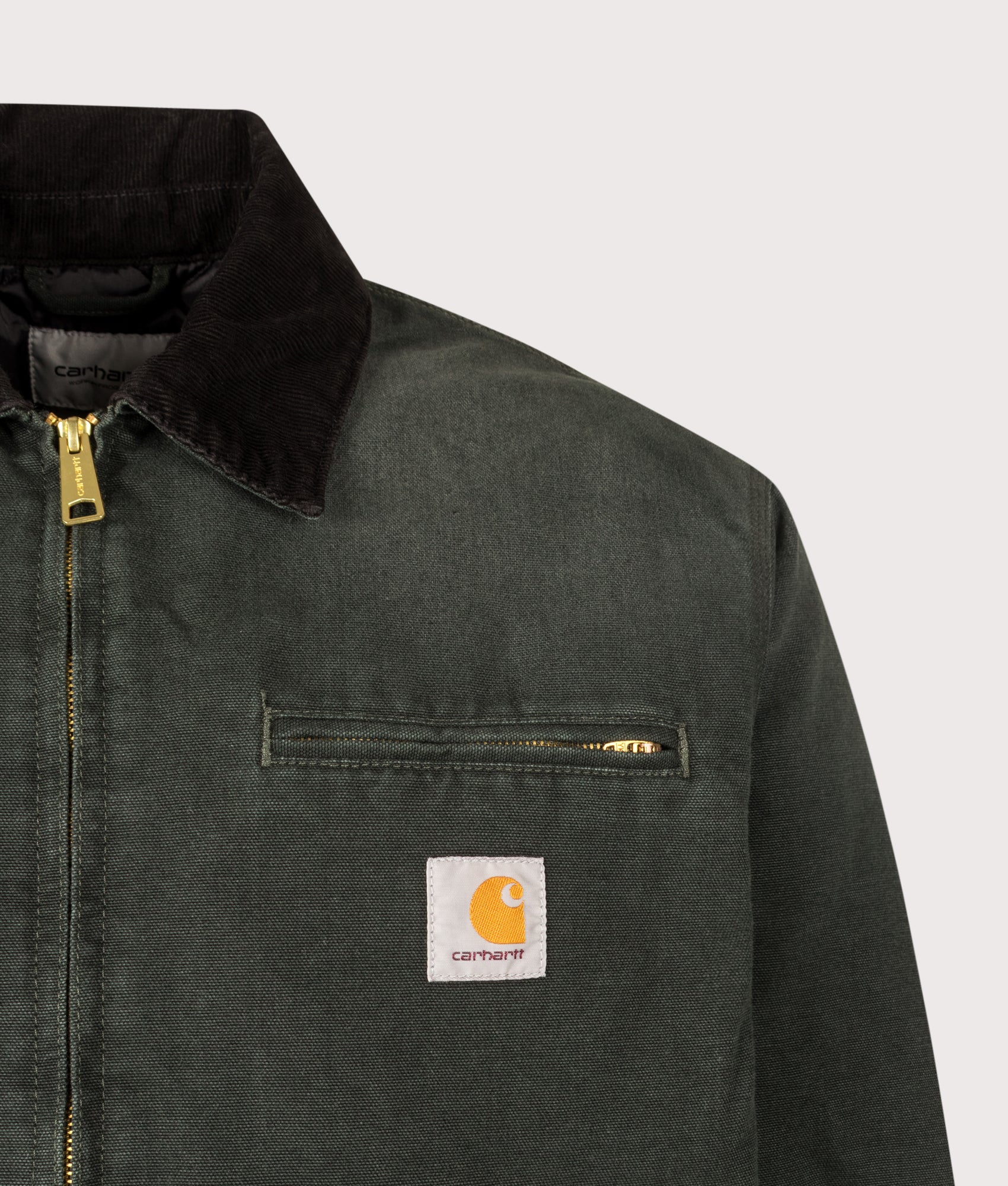 Carhartt WIP Loose Fit OG Detroit Jacket in Raven and Black at EQVVS Menswear. Detail shot.