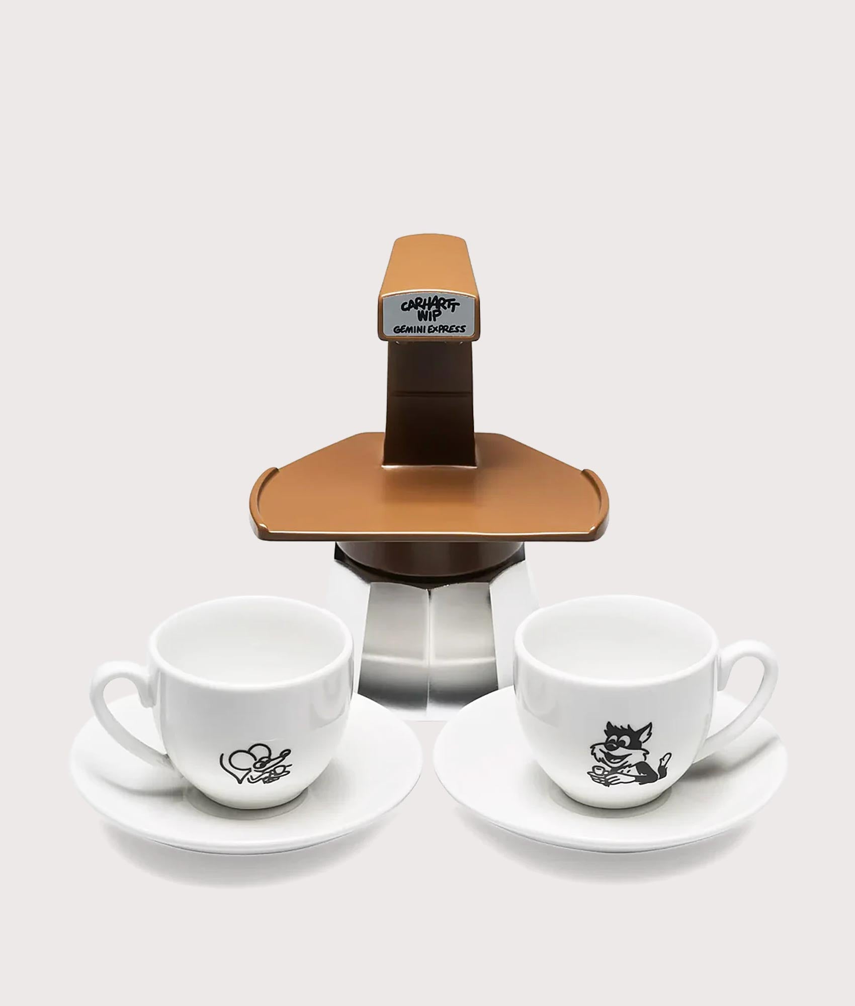 Carhartt WIP Gemini Express x Carhartt WIP Coffee Break Espresso Maker in Brown at EQVVS Menswear. Front shot.