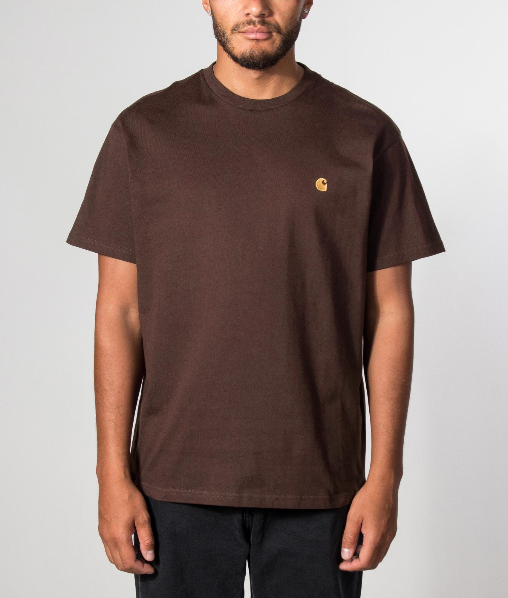 Carhartt WIP Loose Fit Chase T-Shirt in Palisander and Gold at EQVVS Menswear. Model front shot.