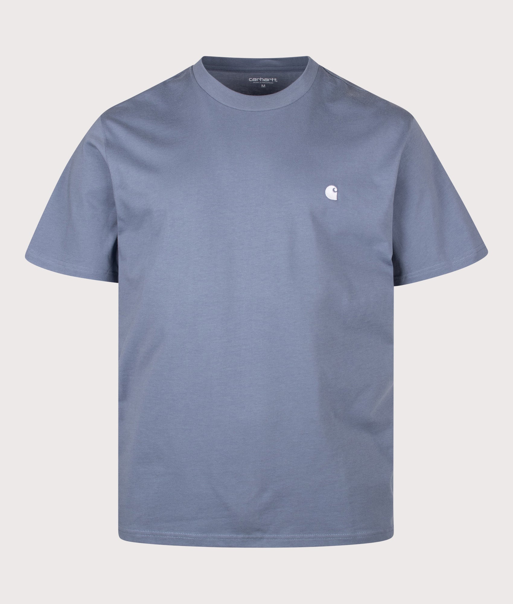Carhartt WIP Loose Fit Madison T-Shirt in Shady Blue and White at EQVVS Menswear. Front shot.