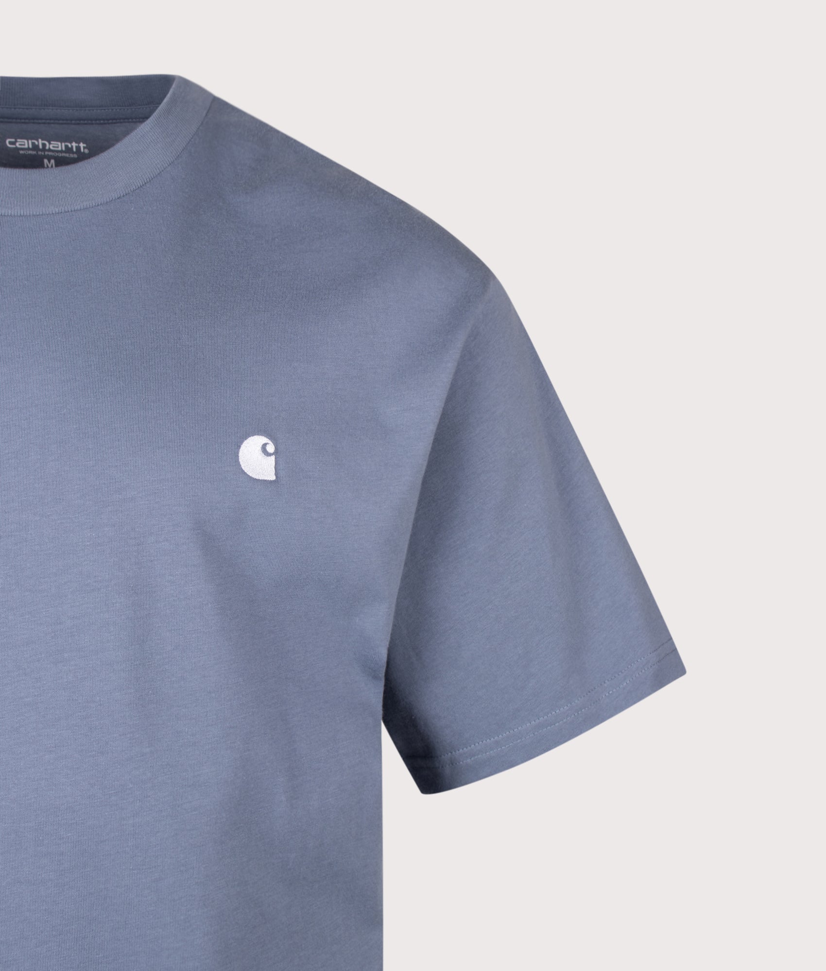 Carhartt WIP Loose Fit Madison T-Shirt in Shady Blue and White at EQVVS Menswear. Detail shot.