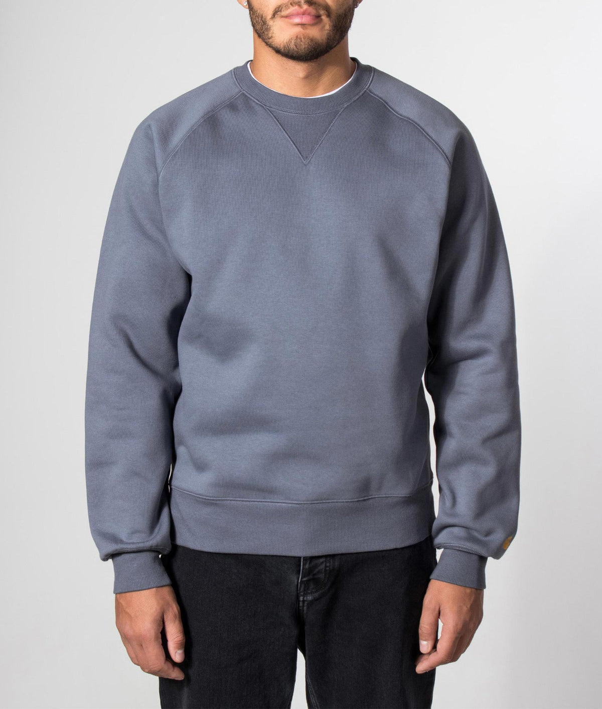 Carhartt WIP Regular Fit Chase Sweatshirt in Icesheet and Gold at EQVVS Menswear. Model front shot.