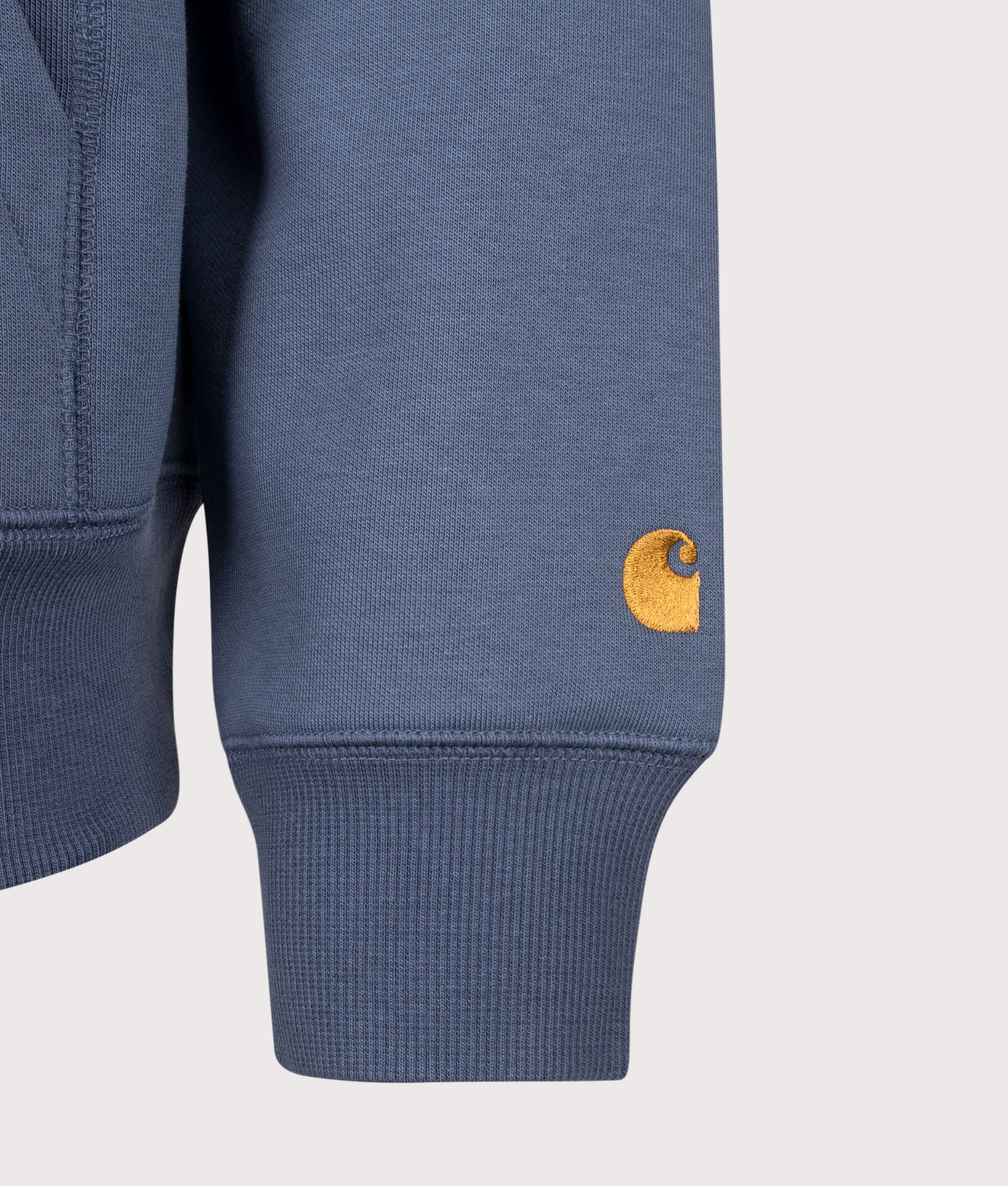 Carhartt WIP Regular Fit Chase Hoodie in Icesheet and Gold at EQVVS Menswear. Detail shot.