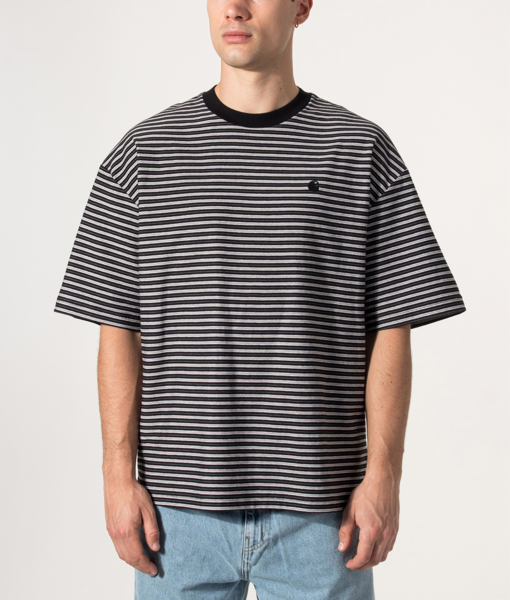 Carhartt WIP Boxy Loose Fit Dupree T-Shirt in Dupree Stripe and Black at EQVVS Menswear. Model front shot.