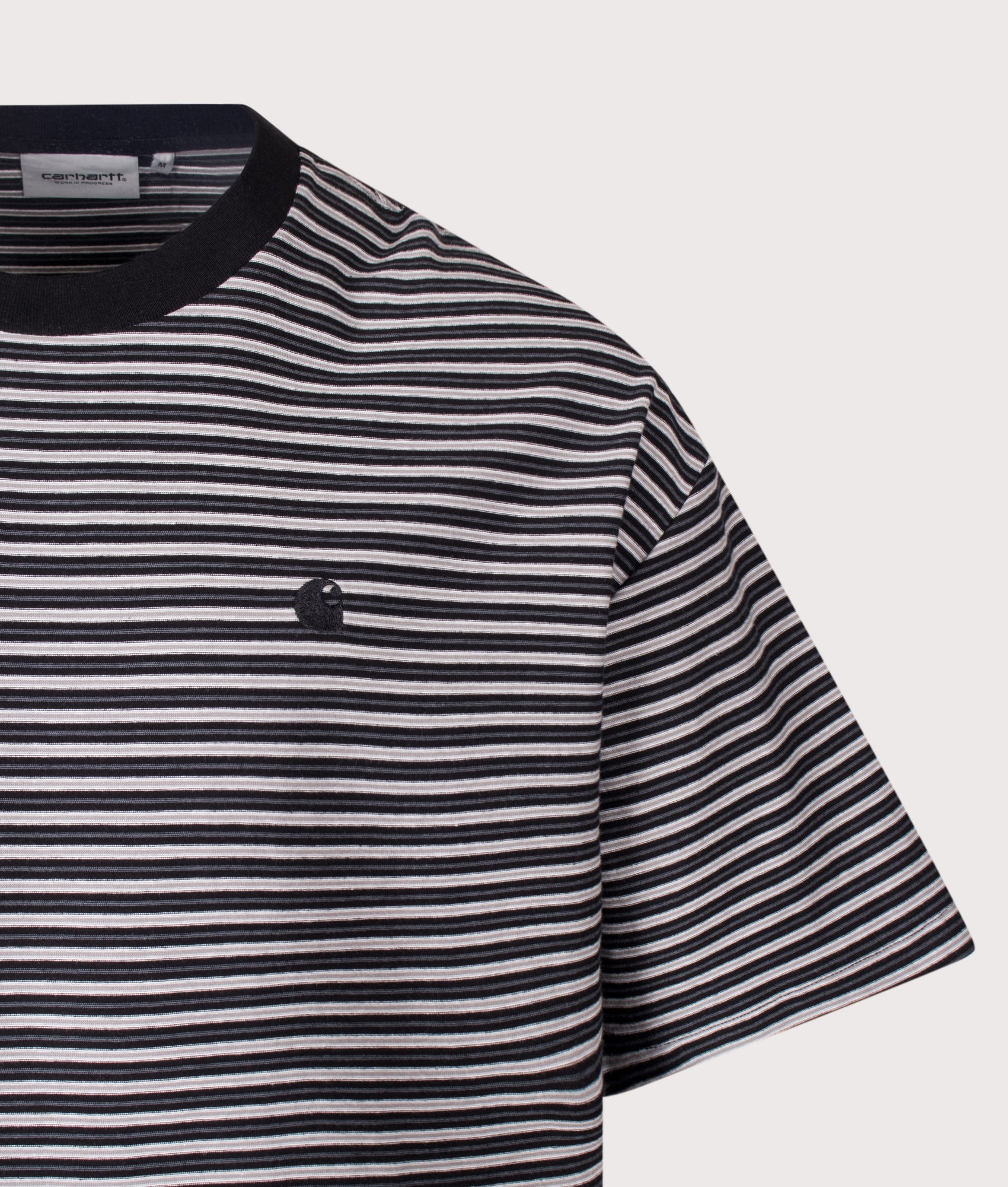 Carhartt WIP Boxy Loose Fit Dupree T-Shirt in Dupree Stripe and Black at EQVVS Menswear. Detail shot.