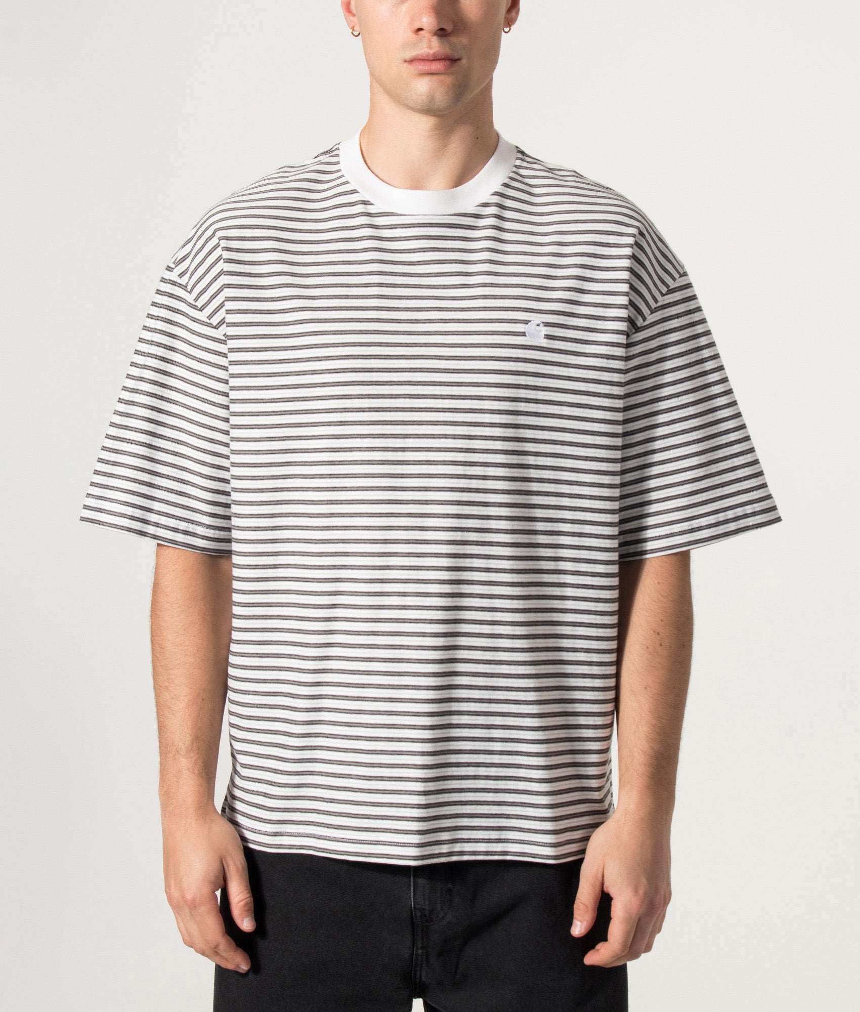 Carhartt WIP Boxy Loose Fit Dupree T-Shirt in Dupree Stripe and White at EQVVS Menswear. Model front shot.