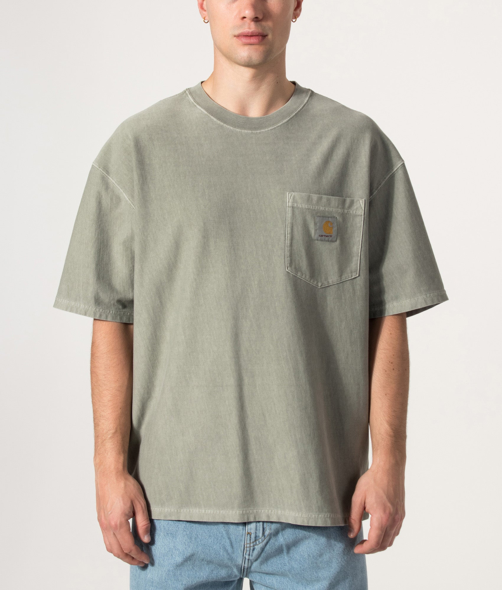 Carhartt WIP Oversized Fit Pocket T-Shirt in Shady Green at EQVVS Menswear. Model front shot.