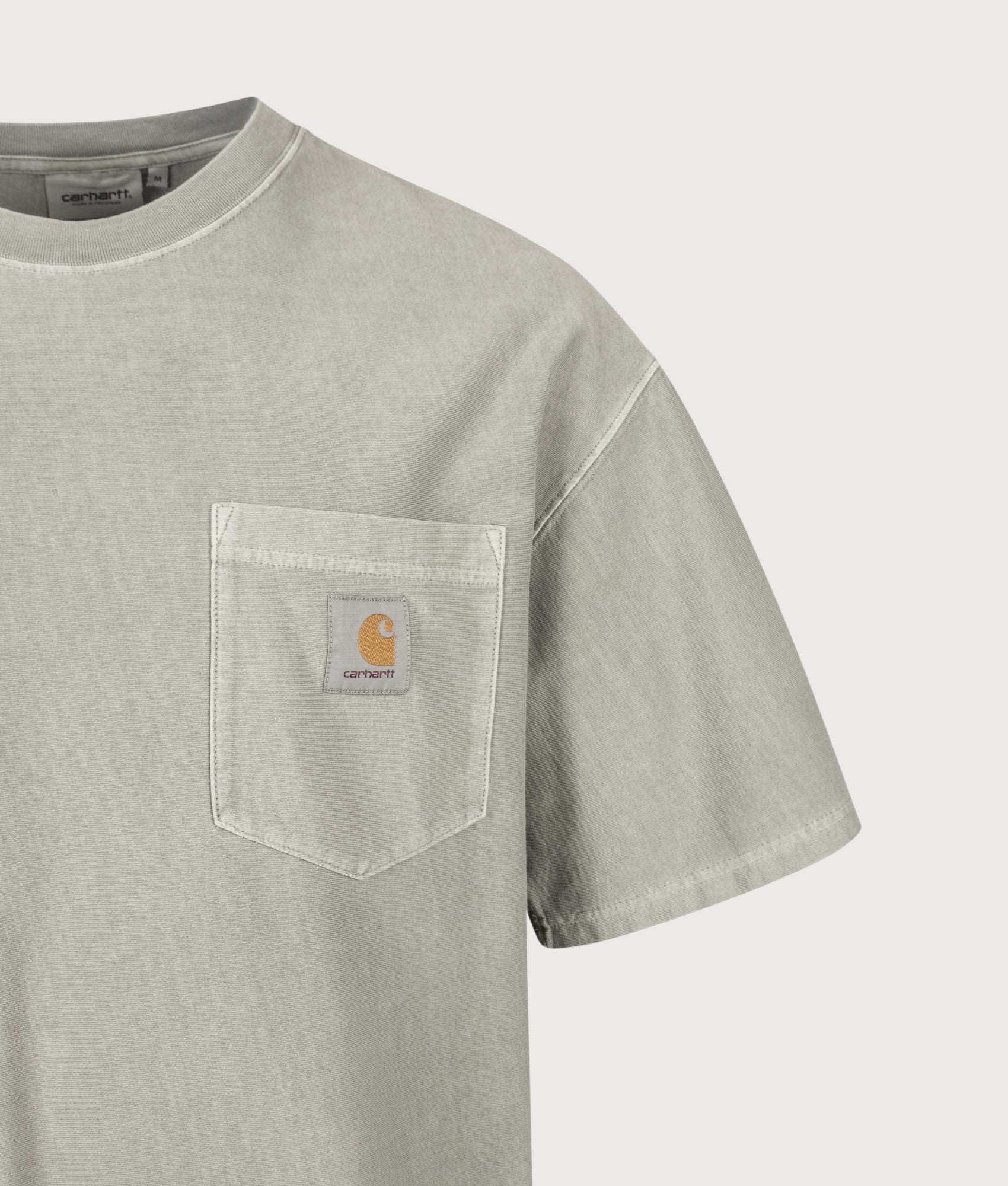 Carhartt WIP Oversized Fit Pocket T-Shirt in Shady Green at EQVVS Menswear. Detail shot.