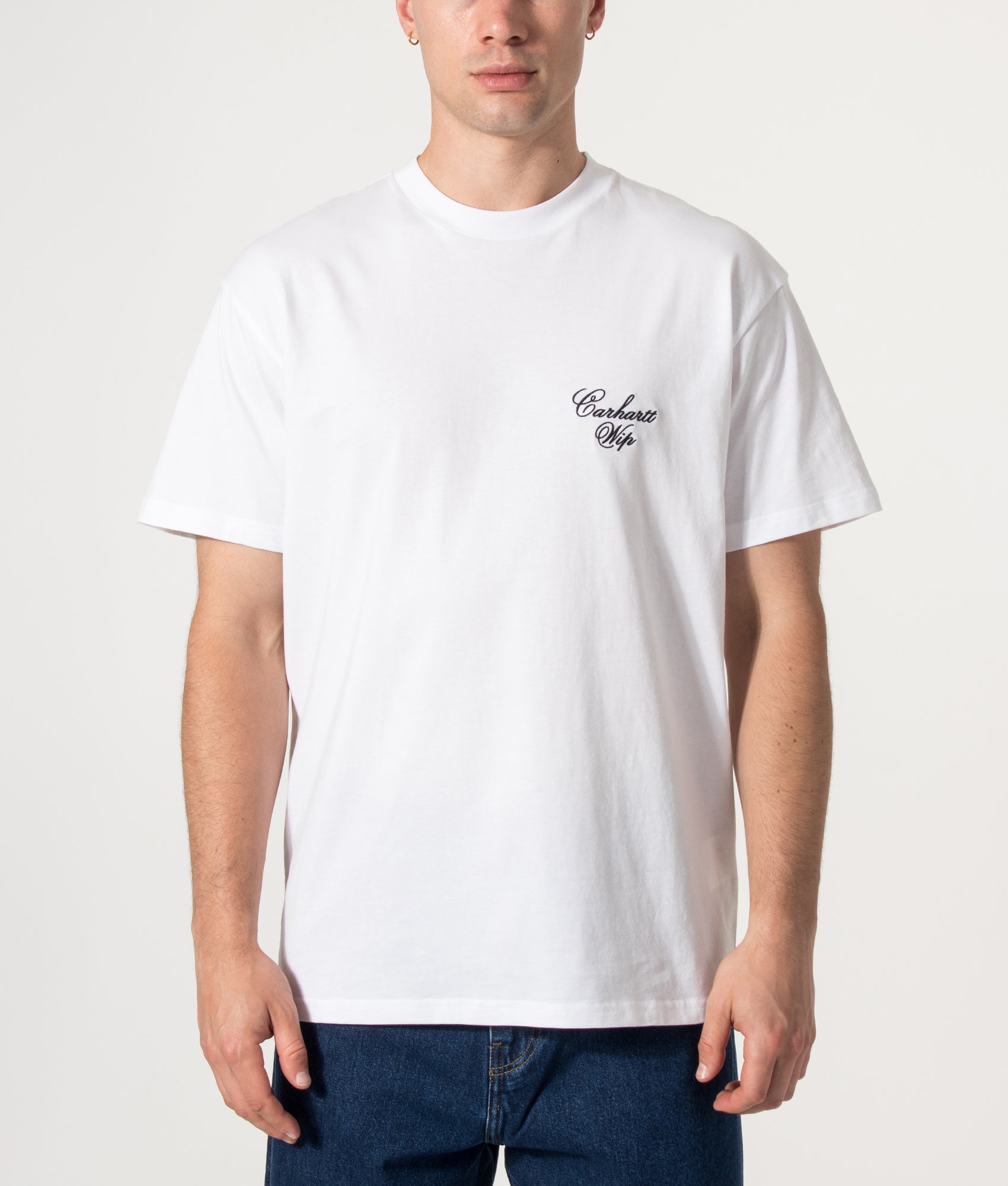 Carhartt WIP Loose Fit Gracious T-Shirt in White at EQVVS Menswear. Model front shot.