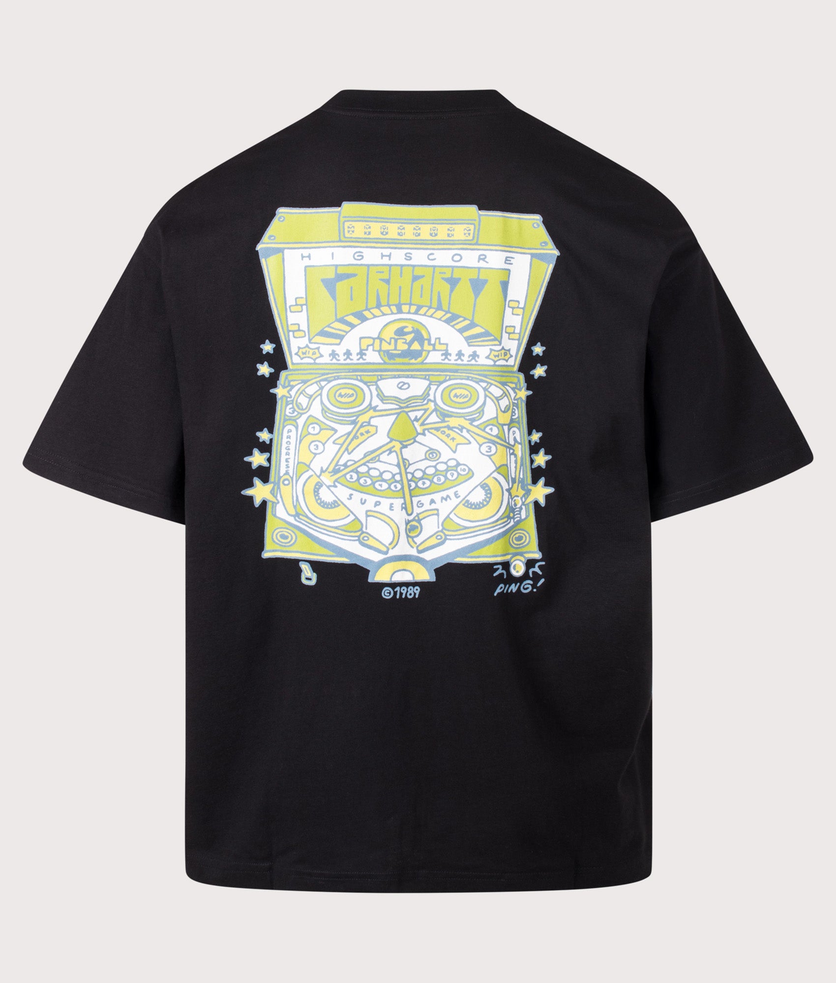 Carhartt WIP Oversized Fit Pinball T-Shirt in Black at EQVVS Menswear. Back shot.