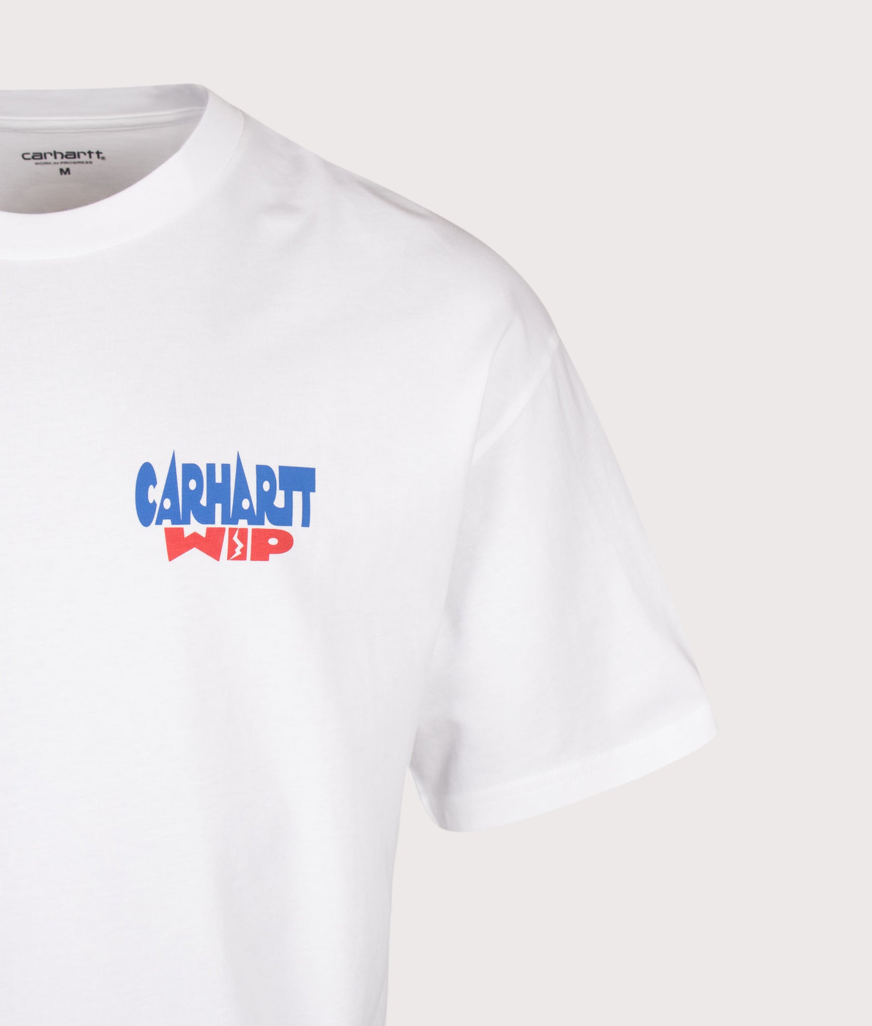 Carhartt WIP Oversized Fit Luggage Label T-Shirt in White at EQVVS Menswear. Detail shot.