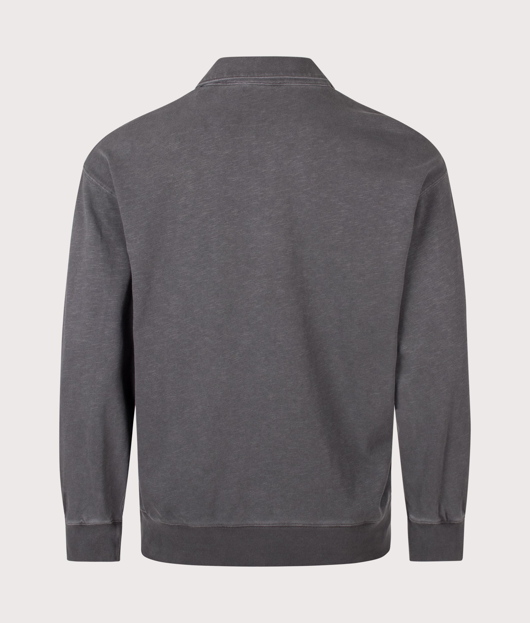 Carhartt WIP Balloon Fit Harper Quarter Zip Sweatshirt in Garment Dyed Black at EQVVS Menswear. Back shot.