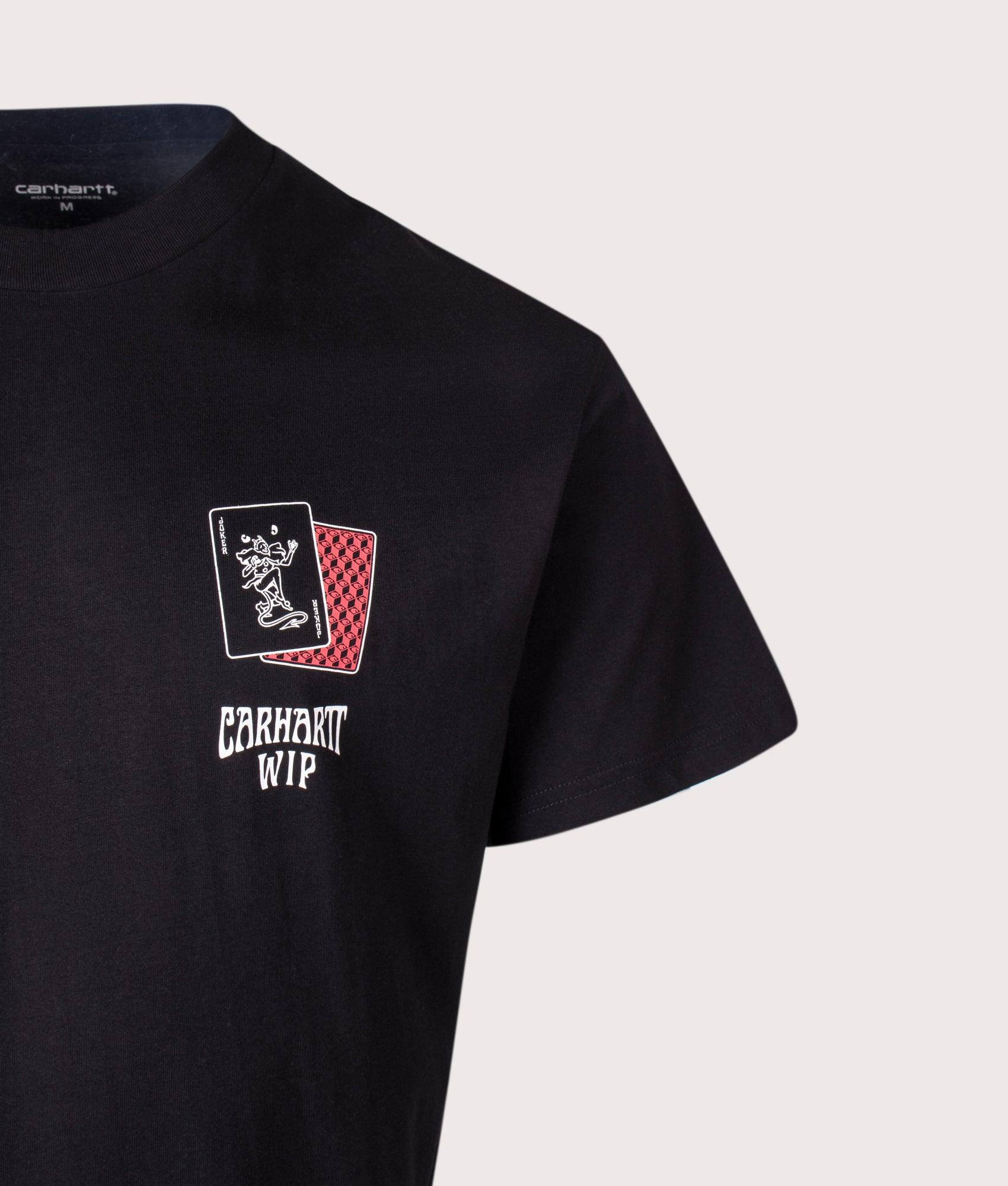 Carhartt WIP Loose Fit Playing Cards T-Shirt in Black at EQVVS Menswear. Detail shot.