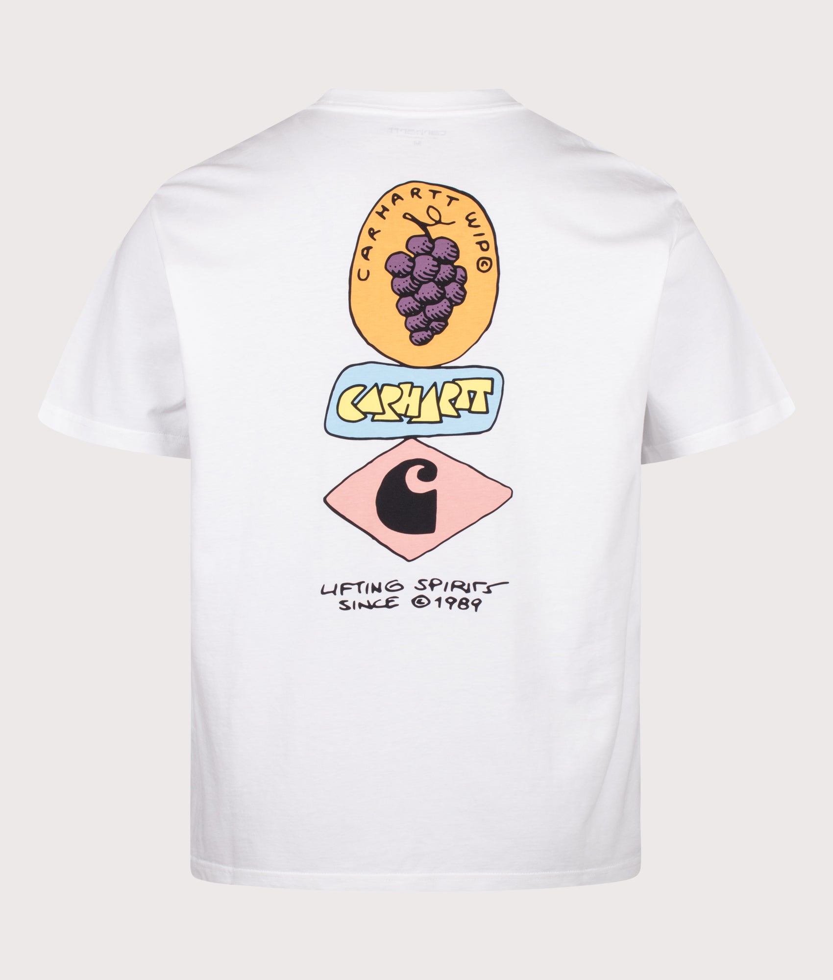 Carhartt WIP Loose Fit Stacked Grapes T-Shirt in White at EQVVS Menswear. Back shot.