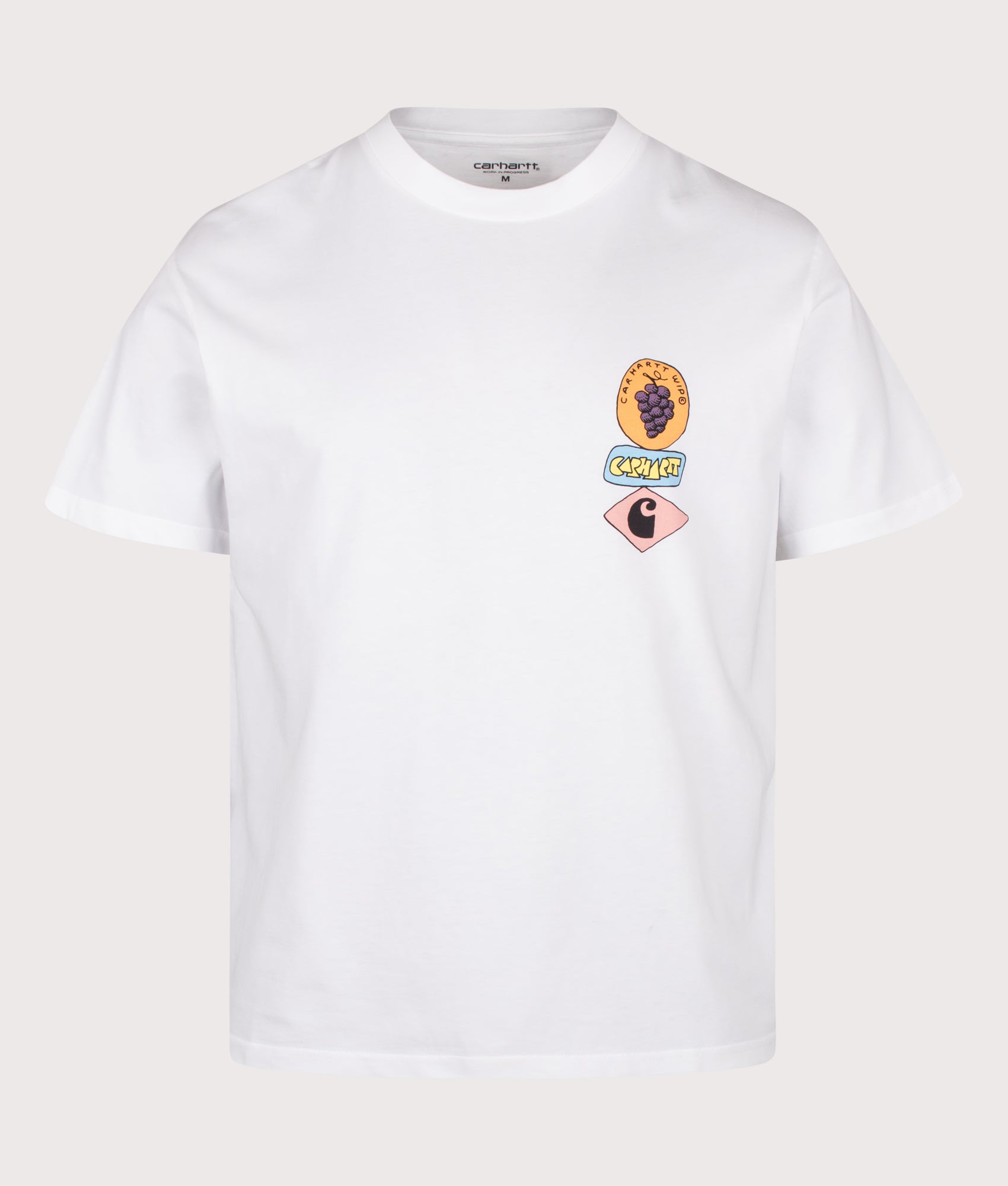 Carhartt WIP Loose Fit Stacked Grapes T-Shirt in White at EQVVS Menswear. Front shot.