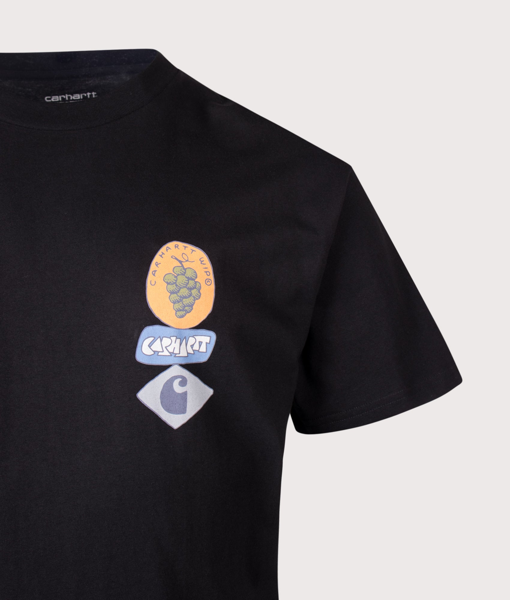 Carhartt WIP Loose Fit Stacked Grapes T-Shirt in Black at EQVVS Menswear. Detail shot.
