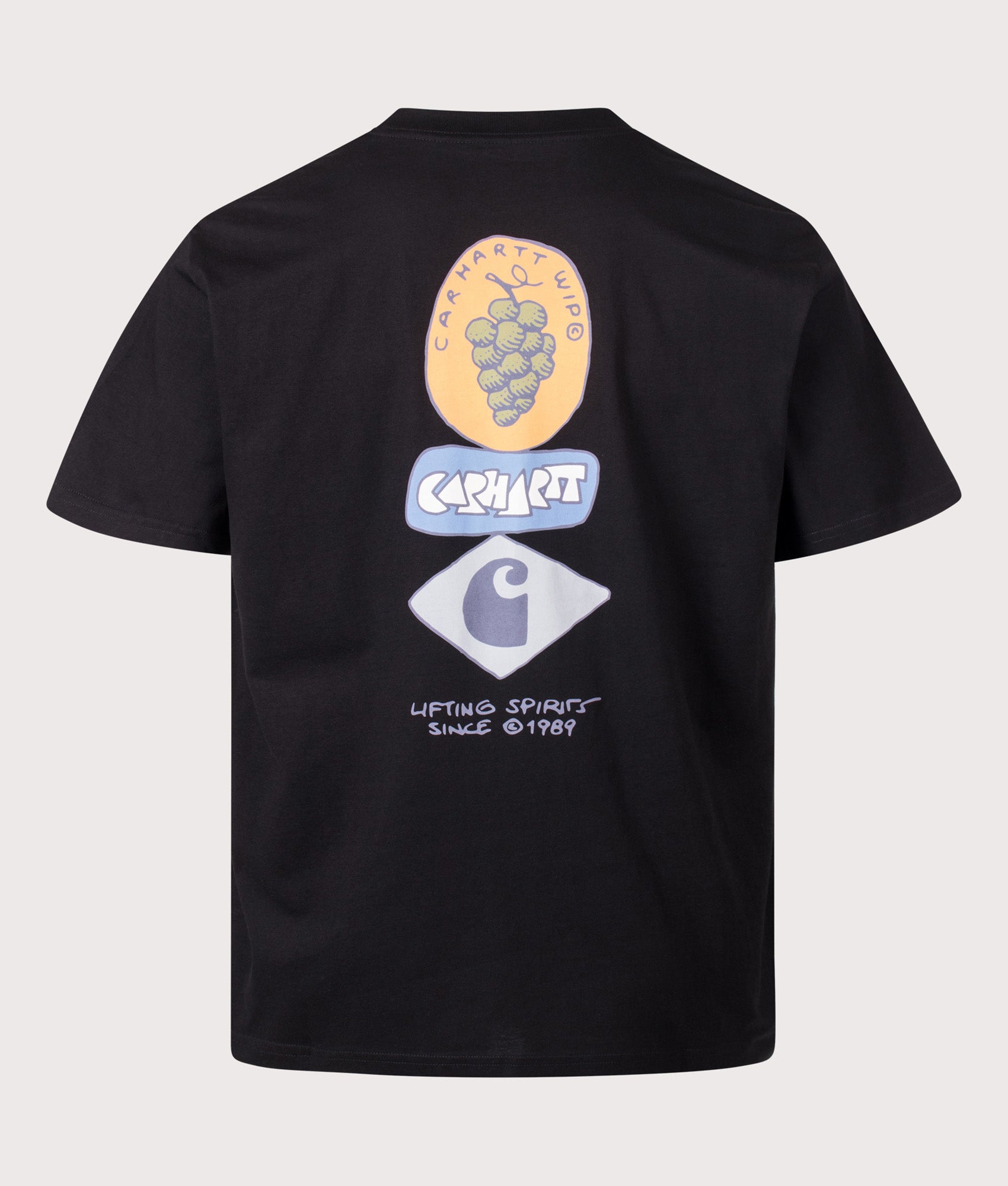 Carhartt WIP Loose Fit Stacked Grapes T-Shirt in Black at EQVVS Menswear. Back shot.