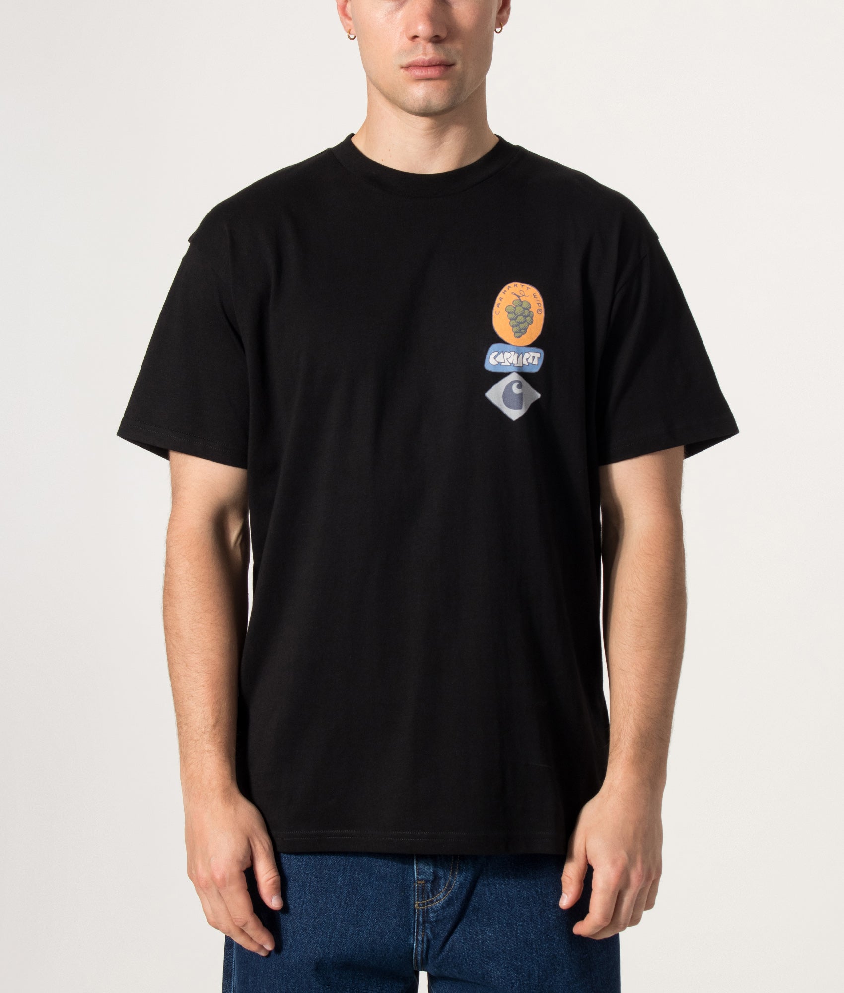 Carhartt WIP Loose Fit Stacked Grapes T-Shirt in Black at EQVVS Menswear.  Model front shot.