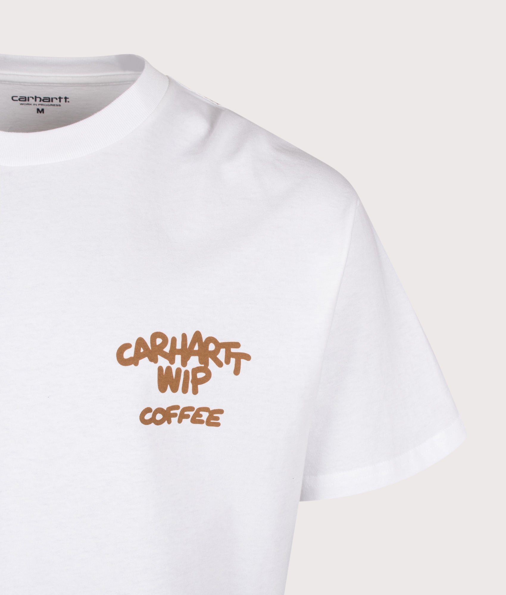 Carhartt WIP Loose Fit Coffee Break T-Shirt in White at EQVVS Menswear. Detail shot.