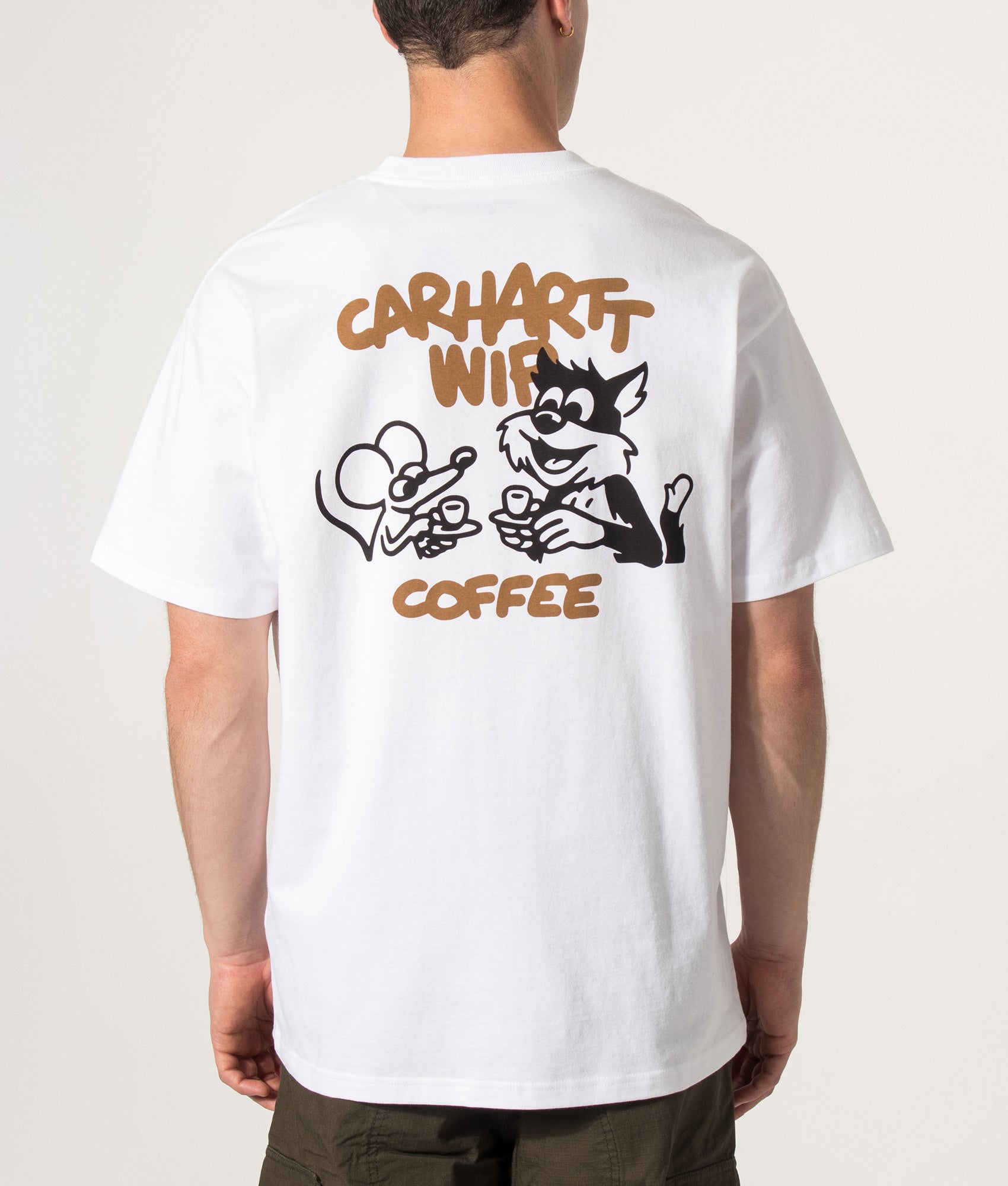 Carhartt WIP Loose Fit Coffee Break T-Shirt in White at EQVVS Menswear. Model back shot.