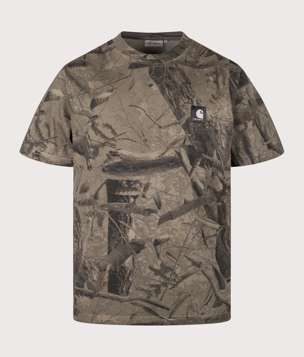 Carhartt WIP Loose Fit Feather Tree T-Shirt in Khaki, Shungite and Camo Feather Tree at EQVVS Menswear. Front shot.