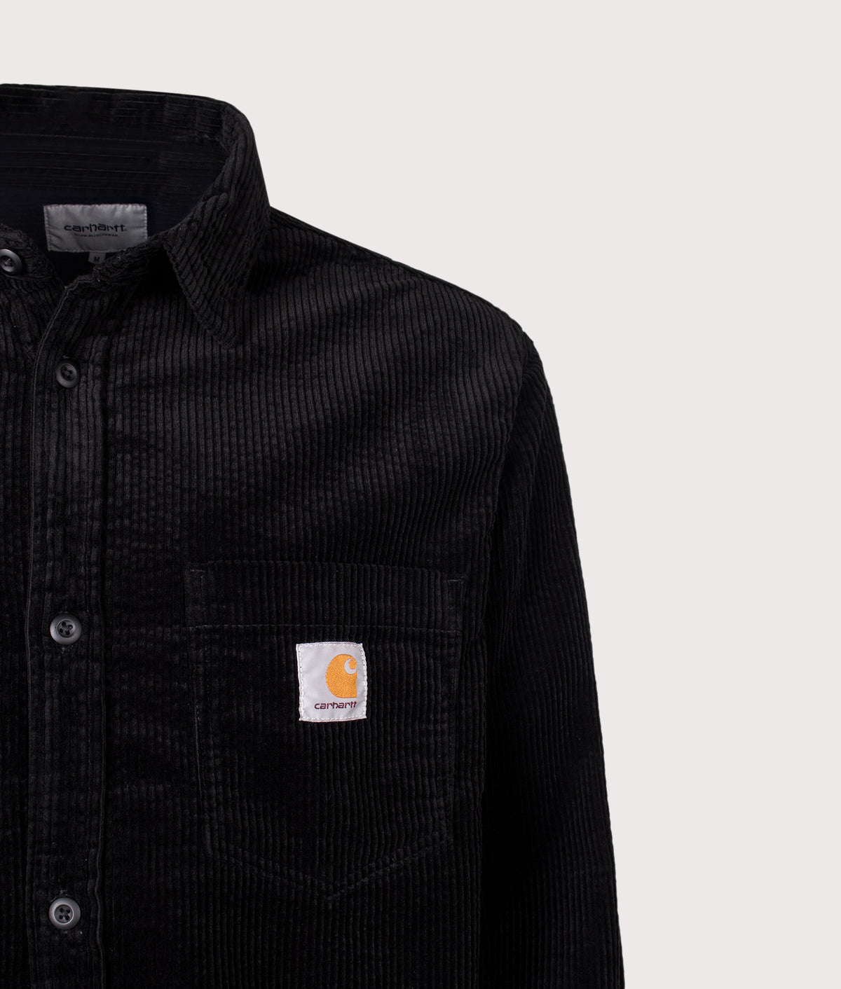 Carhartt WIP Loose Fit Loyde Shirt in Black at EQVVS Menswear. Detail shot.