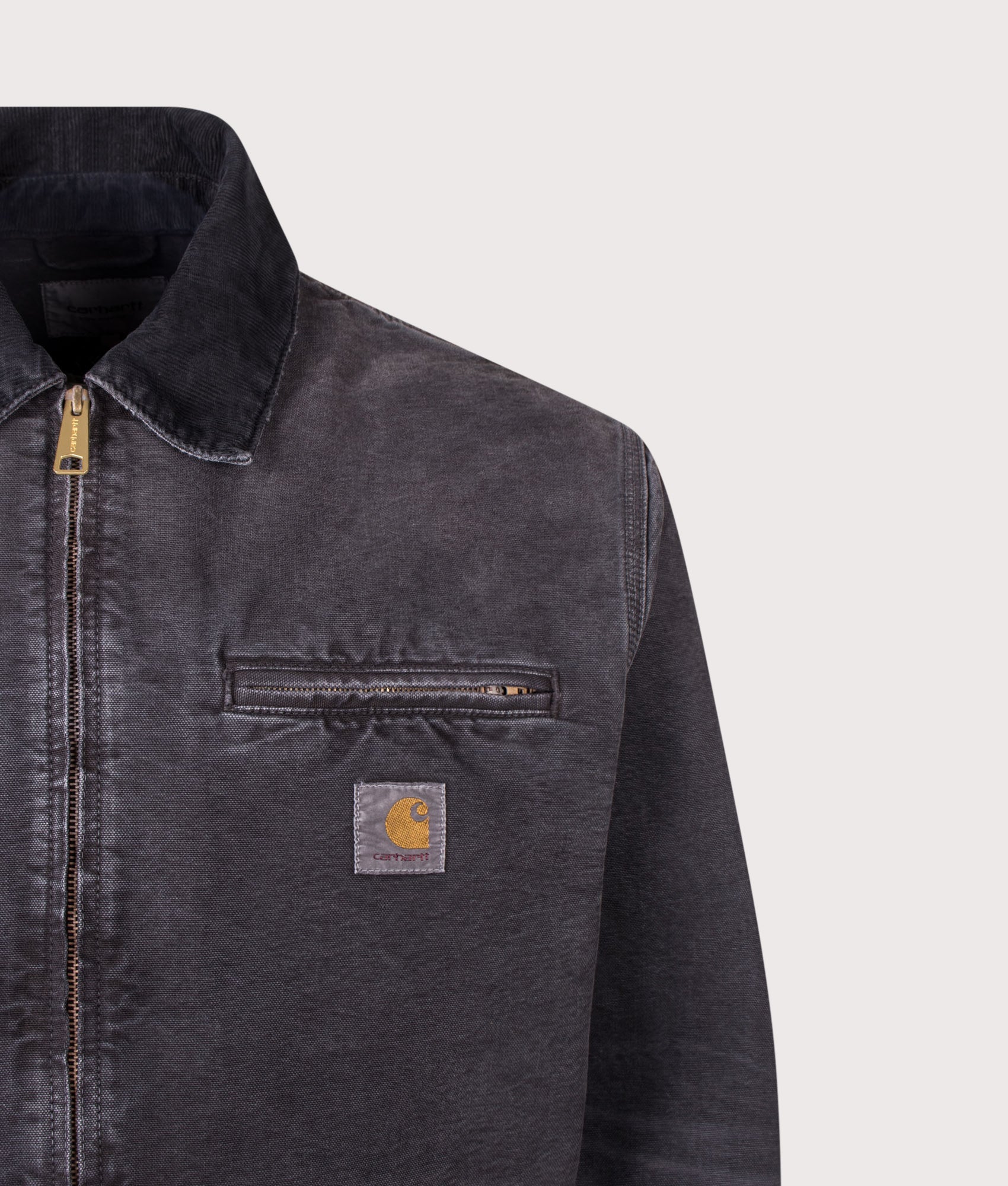 Carhartt WIP Loose Fit OG Detroit Jacket in Black at EQVVS Menswear. Detail shot.