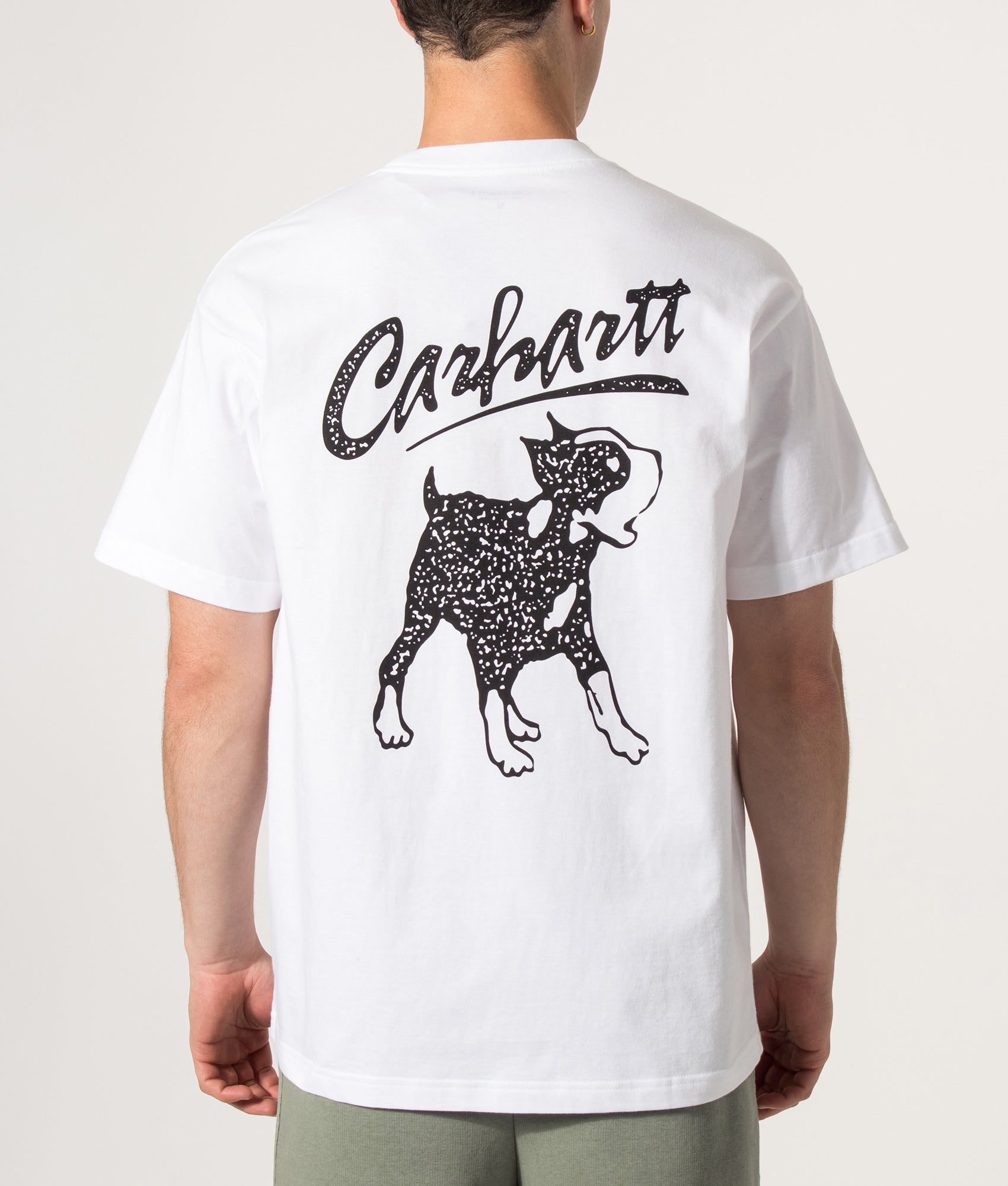 Carhartt WIP Loose Fit Pup T-Shirt in White at EQVVS Menswear. Model back shot.