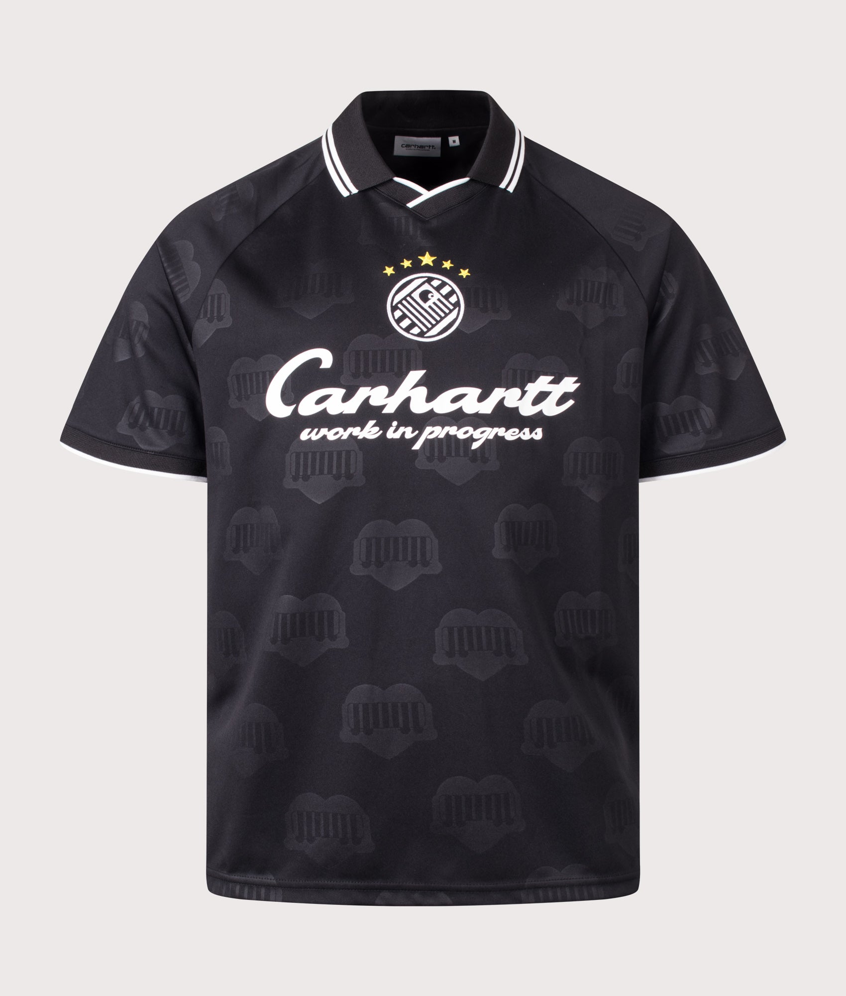 Carhartt WIP Loose Fit Terrace Football T-Shirt in Heart Train Jacquard and Black at EQVVS Menswear. Front shot.